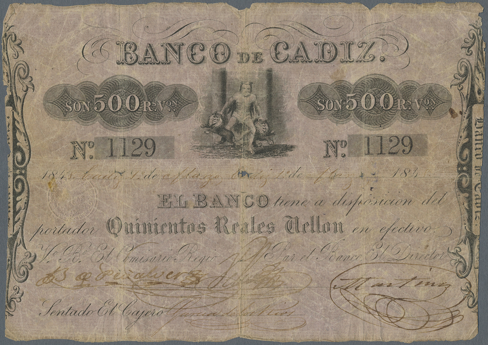 03012 Spain / Spanien: Banco De Cadiz 500 Pesetas 1845 P. S283, Stronger Used With Strong Horizontal And Vertical Folds, - Autres & Non Classés