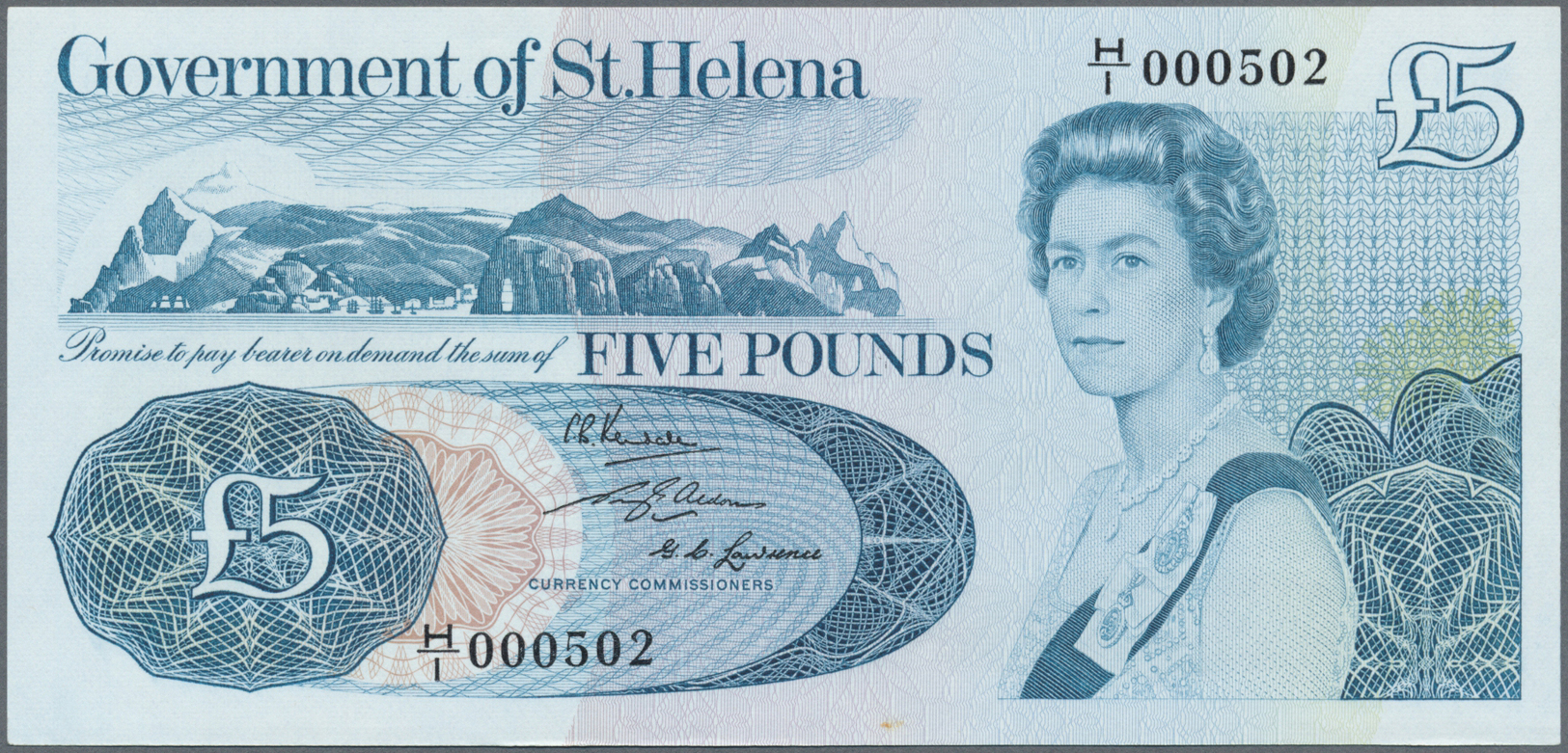 03016 St. Helena: 5 Pounds ND P. 7a, Low Serial H/I 000502 In Condition: UNC. - Sainte-Hélène