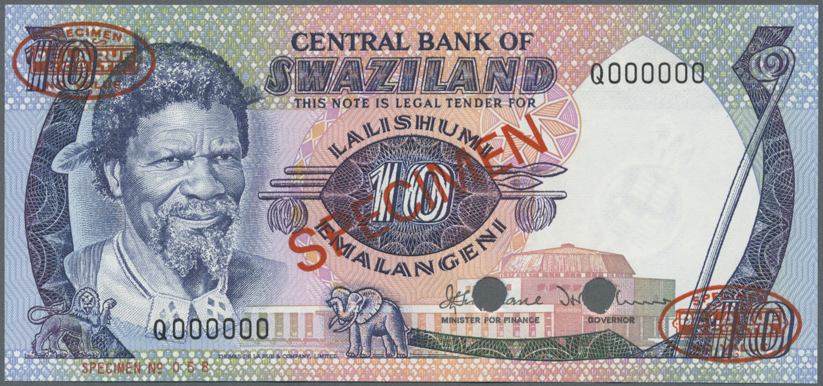 03044 Swaziland: 10 Emalangeni 1982 Specimen P. 10s1 In Conition: UNC. - Autres - Afrique