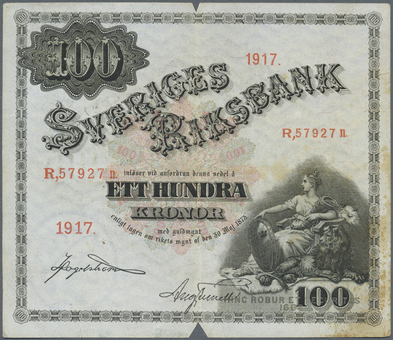 03049 Sweden / Schweden: 100 Kronor 1917 P. 29k, Earlier Date, Used With Center Fold, Cuts At Upper And Lower Border Cen - Suède