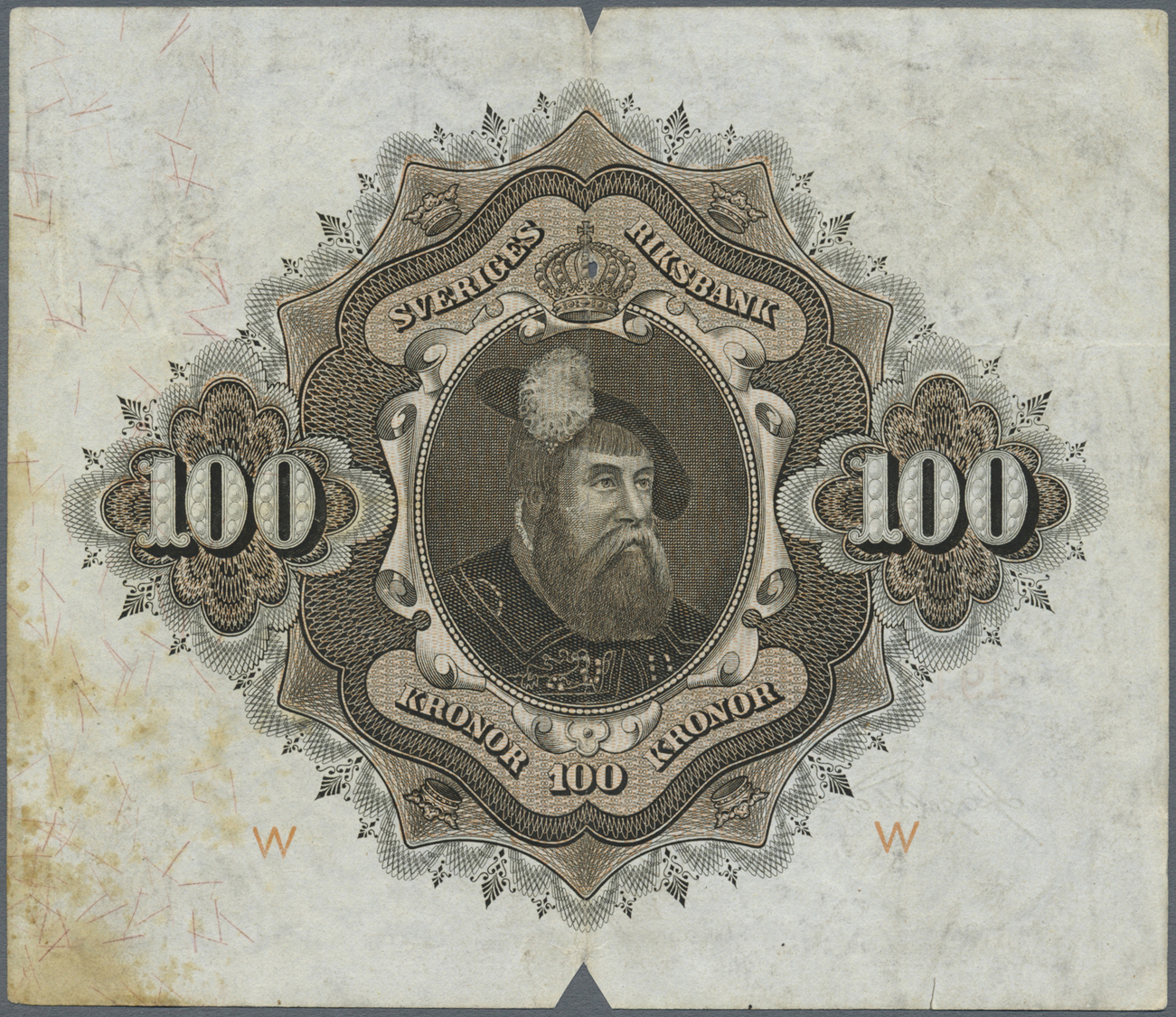 03049 Sweden / Schweden: 100 Kronor 1917 P. 29k, Earlier Date, Used With Center Fold, Cuts At Upper And Lower Border Cen - Suède