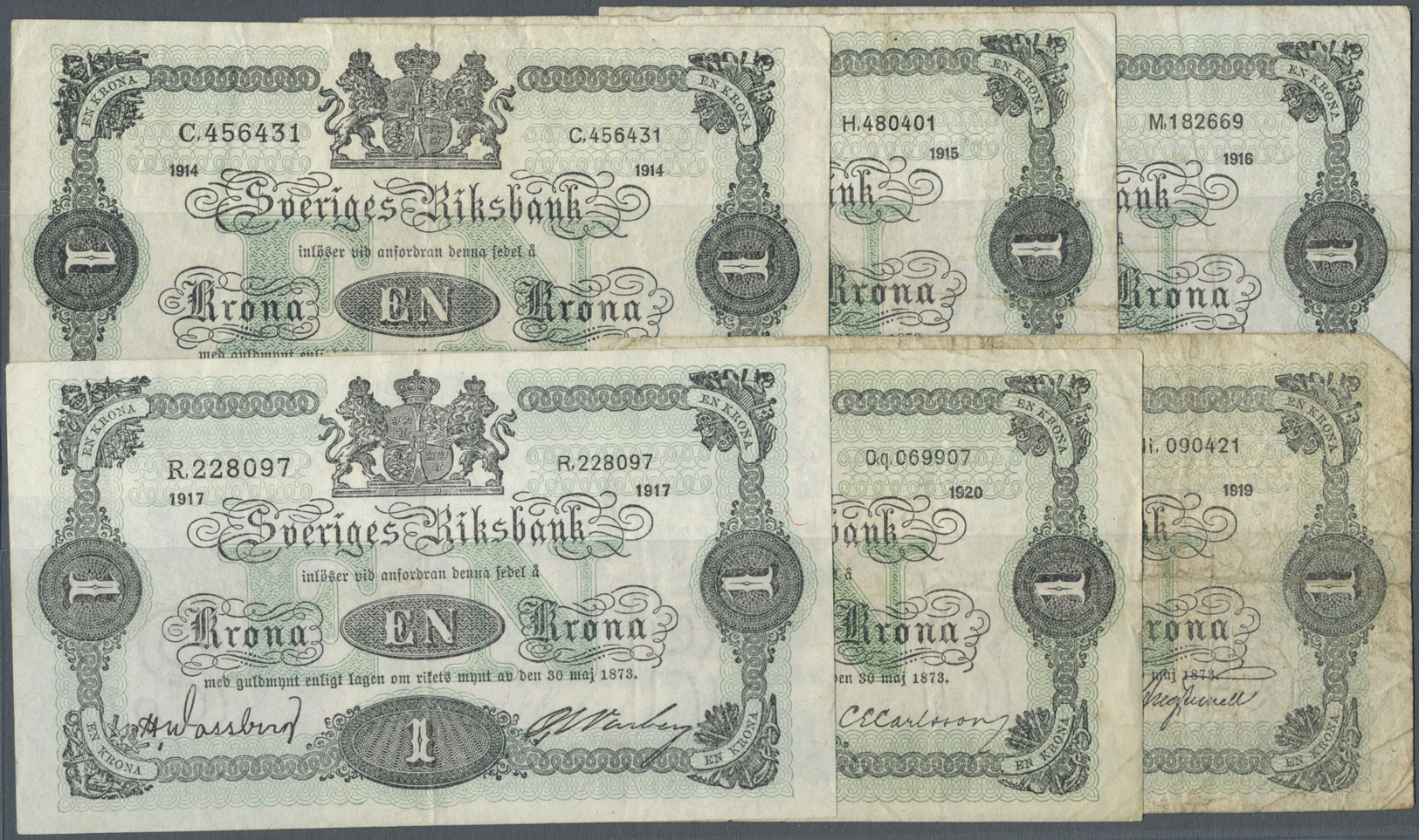 03050 Sweden / Schweden: Set Of 6 Banknotes 1 Korona P. 32, All With Different Dates; 1914, 1915, 1916, 1917, 1919 And 1 - Suède