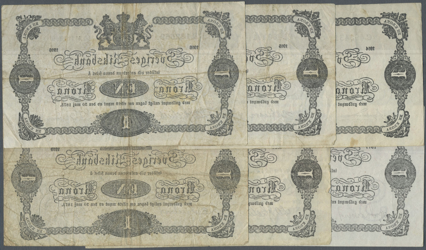 03050 Sweden / Schweden: Set Of 6 Banknotes 1 Korona P. 32, All With Different Dates; 1914, 1915, 1916, 1917, 1919 And 1 - Suède