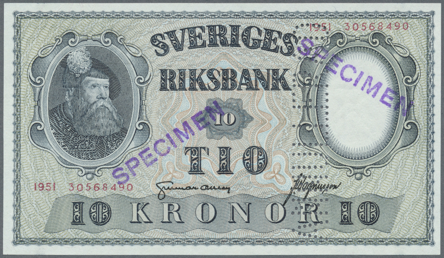 03051 Sweden / Schweden: 10 Kronor 1951 SPECIMEN With Regular Serial Number, Perforation "ANNULLERAD" And Two Times Stam - Suède