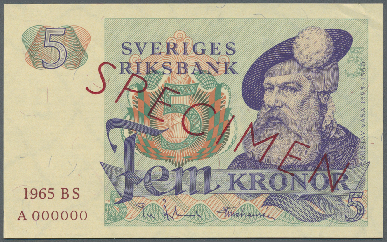 03053 Sweden / Schweden: 5 Kronor 1965 Specimen P. 51s, Zero Serial Numbers, Three Light Dints In Paper, Red Specimen Ov - Suède