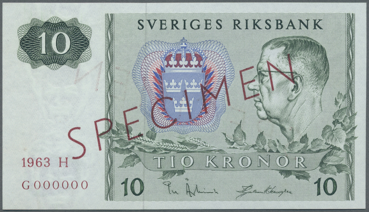 03054 Sweden / Schweden: 10 Kroner 1963 Specimen P. 52s With Zero Serial Numbers, Red Specimen Overprint, Light Dint At - Suède