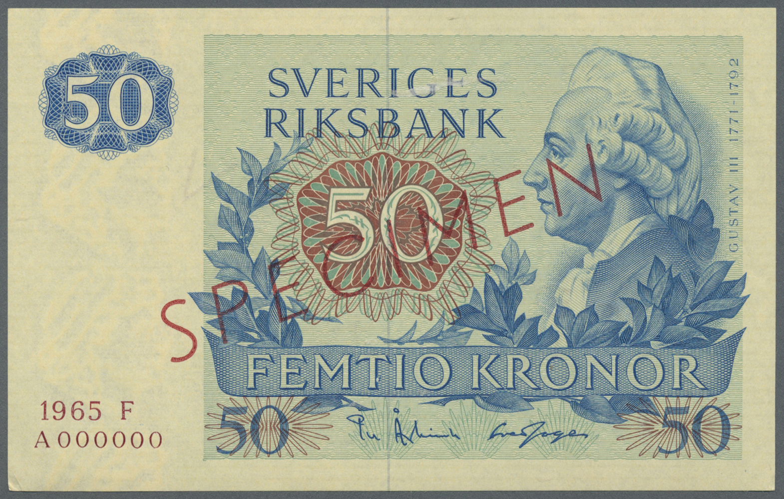 03057 Sweden / Schweden: 50 Kronor 1965 Specimen P. 53s, Zero Serial Numbers, Red Specimen Overprint, In Condition: AUNC - Suède