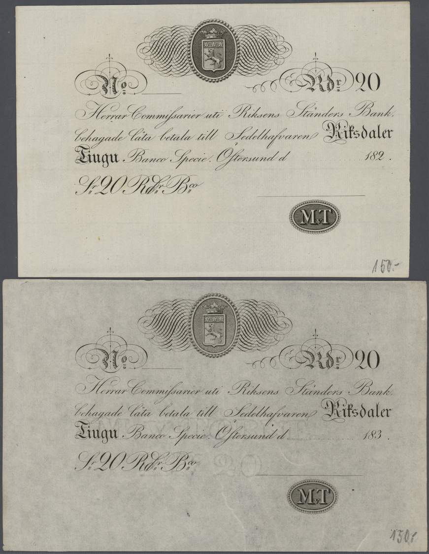 03063 Sweden / Schweden: Very Interesting Pair Of 2 Blanco Forms For 20 Riksdaler Of The Riksens Ständers Bank, One With - Suède