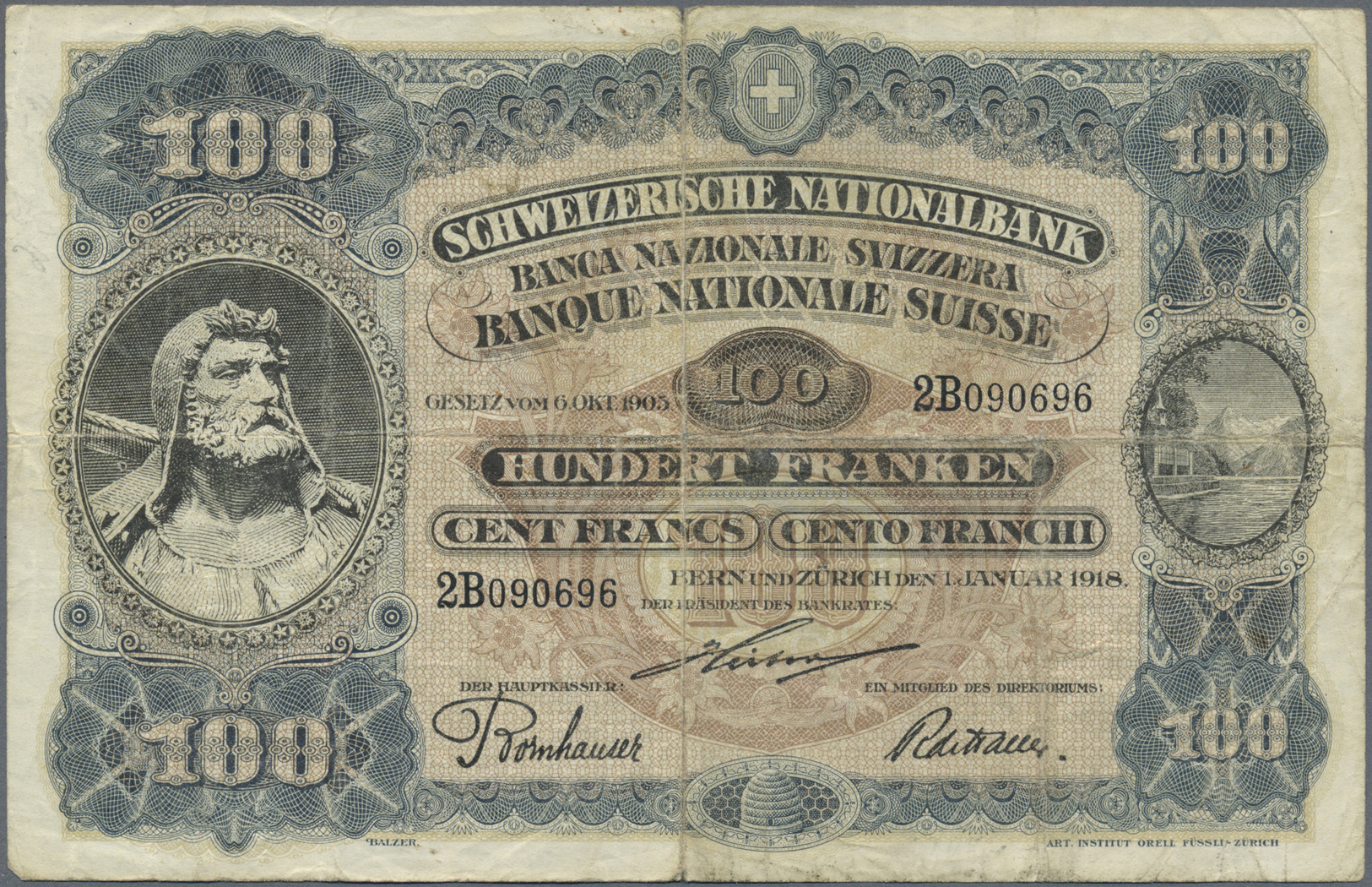 03066 Switzerland / Schweiz: 100 Franken 1918, P.9, Highly Rare Note With Lightly Stained Paper, Several Folds, Small Bo - Suisse