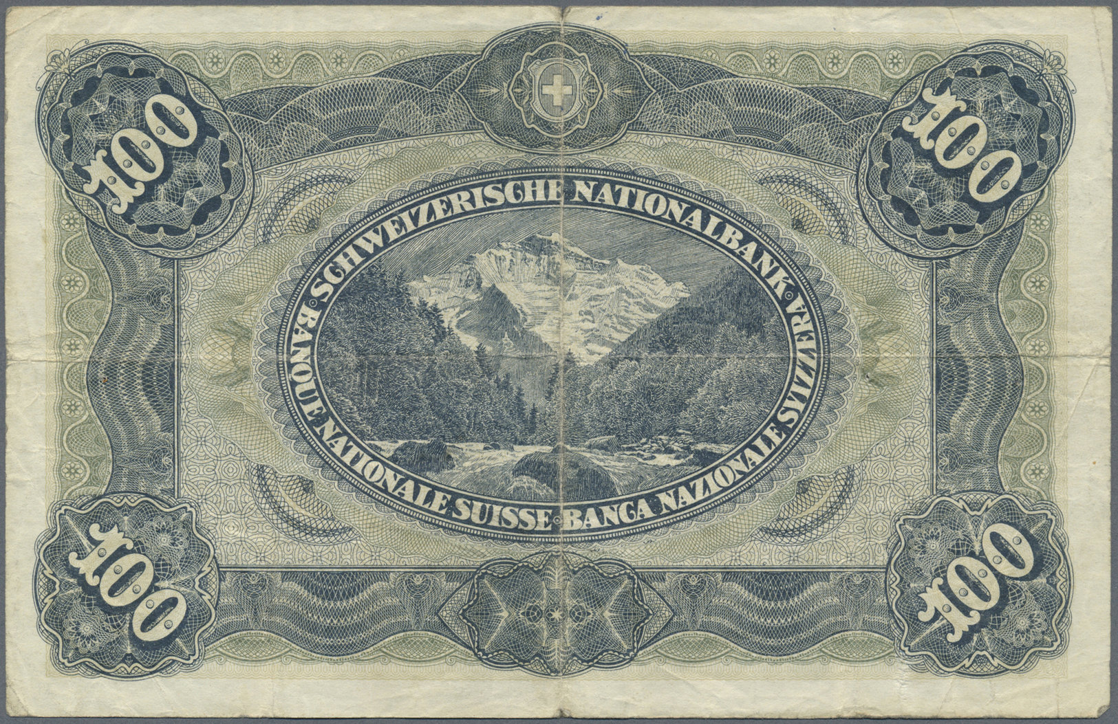 03066 Switzerland / Schweiz: 100 Franken 1918, P.9, Highly Rare Note With Lightly Stained Paper, Several Folds, Small Bo - Suisse