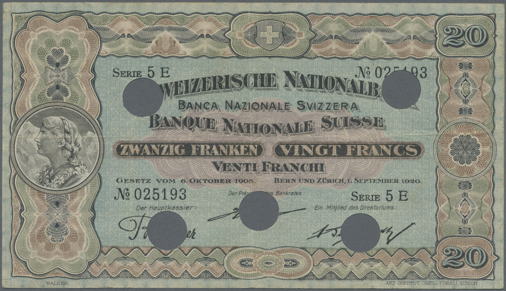 03068 Switzerland / Schweiz: 20 Franken 1905 P. 12f, Bank Cancelled, 3 Vertical, One Horizontal Fold, No Tears, Still Cr - Suisse