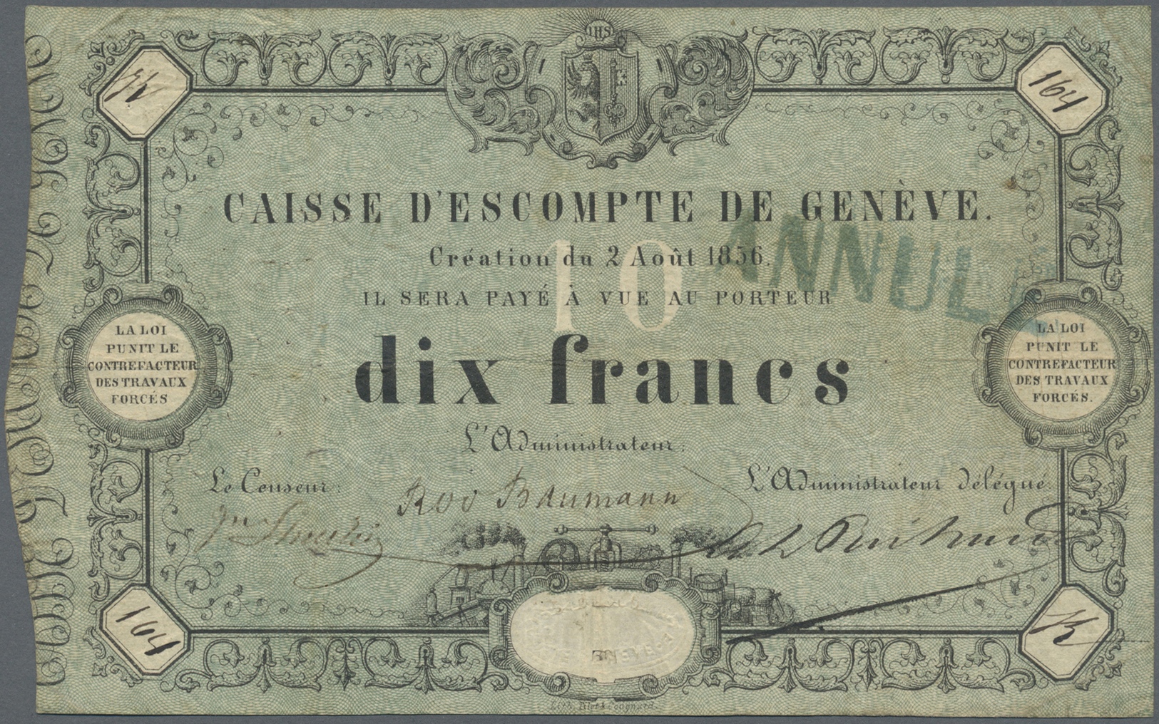 03070 Switzerland / Schweiz: 10 Francs 1856, Caisse D'Escompte De Genève, P. S311, Stamped "Annulé", Used With Several F - Suisse