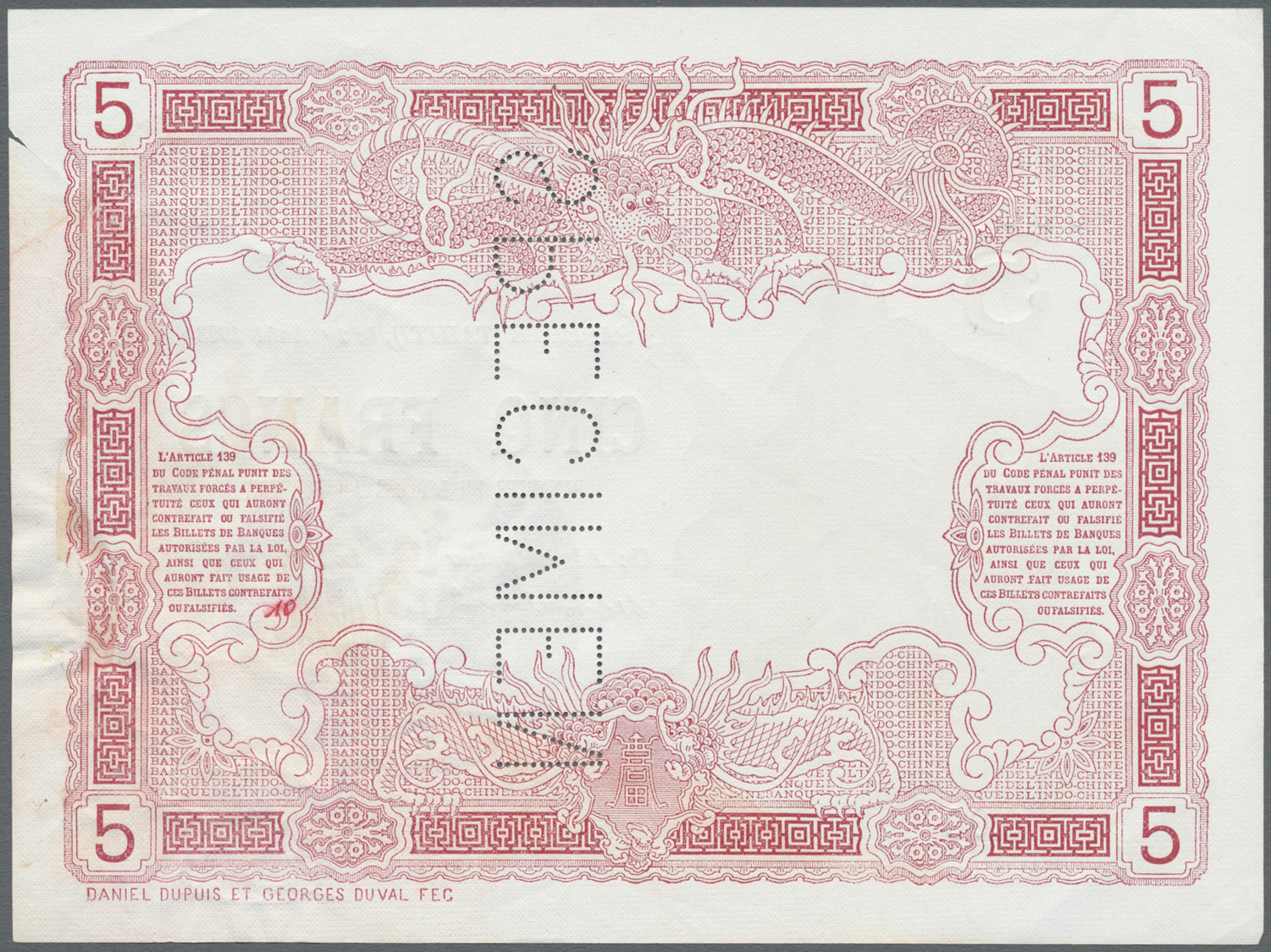 03073 Tahiti: Very Rare Specimen Note Of 5 Francs 1923 Banque De L'Indochine P. 4s, With Vertical Specimen Perforation A - Autres - Océanie
