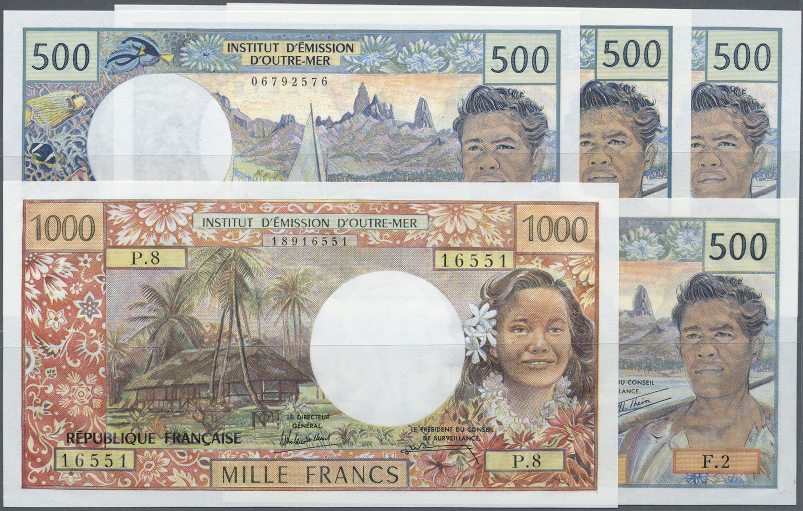 03074 Tahiti: Set Of 5 Notes Containing 1000 And 500 Francs ND P. 27d, 25b, 25d, All In Condition: UNC. (5 Pcs) - Autres - Océanie