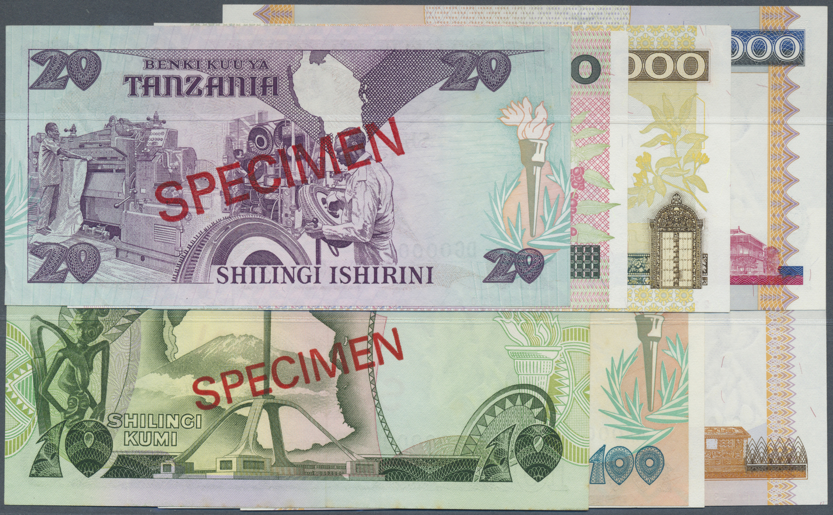 03080 Tanzania / Tansania: Set Of 8 Different SPECIMEN Banknotes Containing 10, 20, 100, 200, 500, 1000, 5000 And 10.000 - Tanzanie