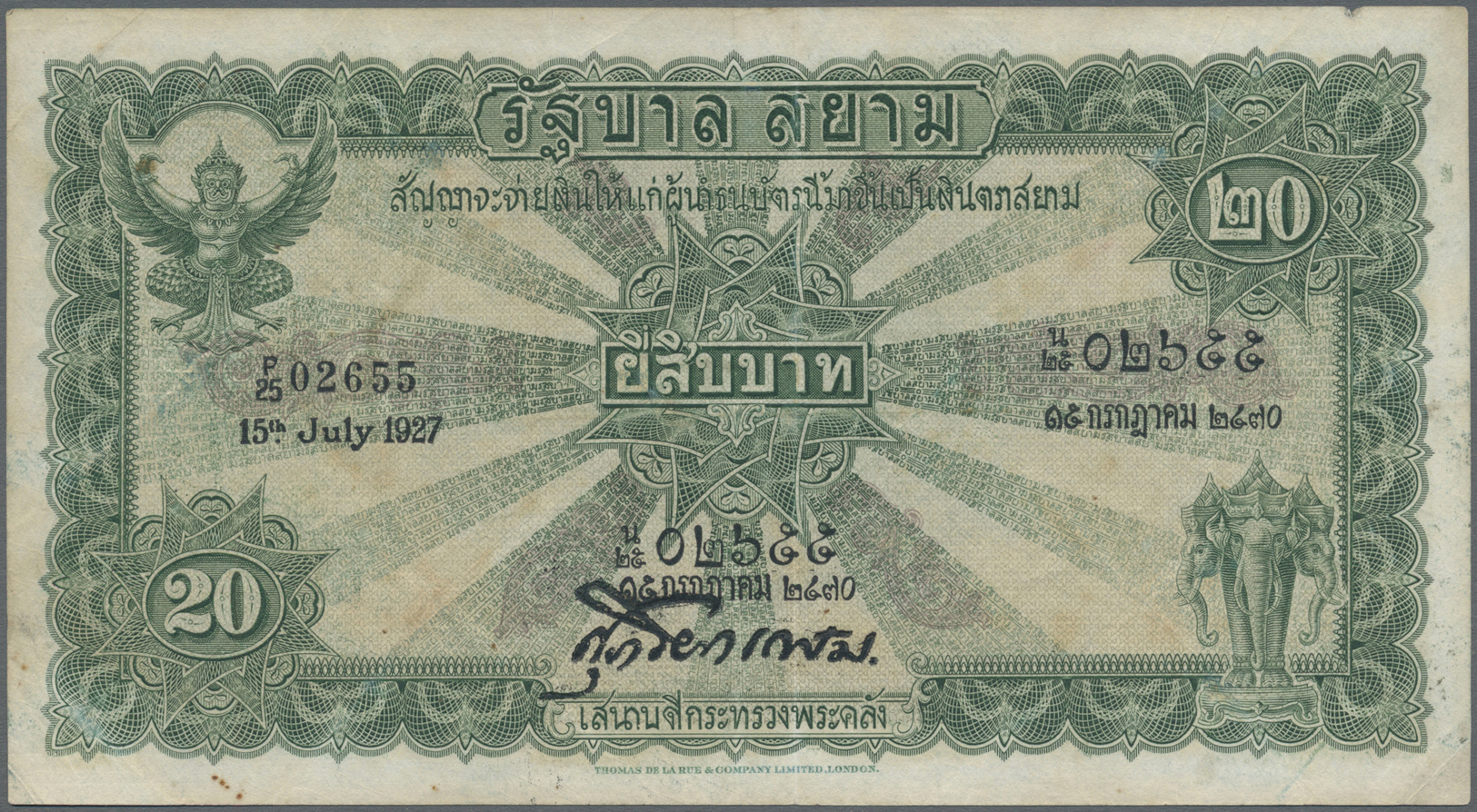 03091 Thailand: 20 Baht 1927 P. 19a, Used With Several Folds And Light Stain On Back Side, 2 Pinholes, A Minor Split At - Thaïlande