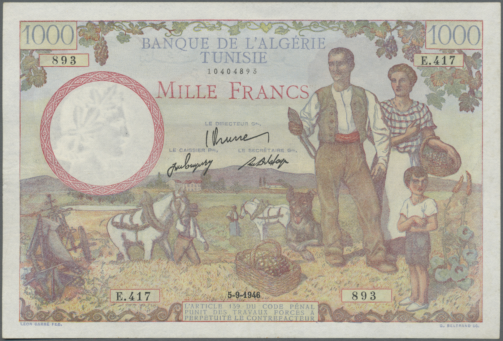 03114 Tunisia / Tunisien: 1000 Francs 1946 P. 26, Used With Light Folds But No Holes Or Tears, Still Crispness In Paper - Tunisie