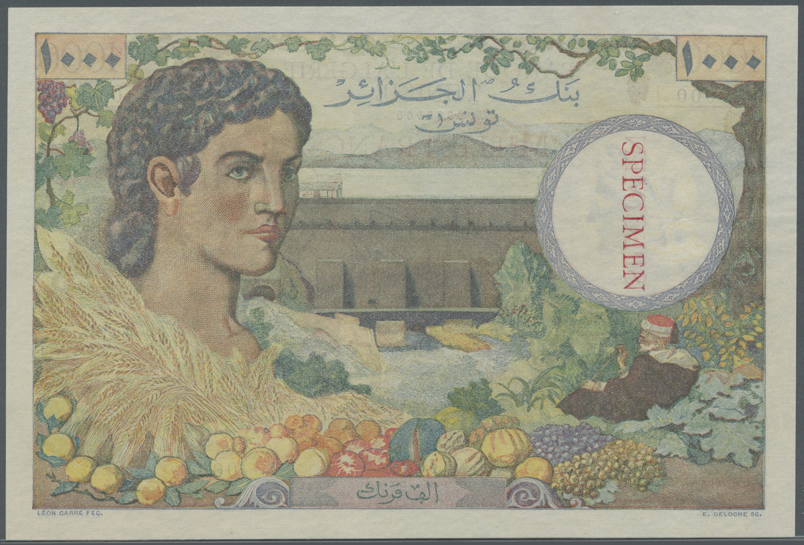 03115 Tunisia / Tunisien: 1000 Francs ND(1946) Specimen P. 26s, With Zero Serial Numbers And Specimen Overprint Across W - Tunisie