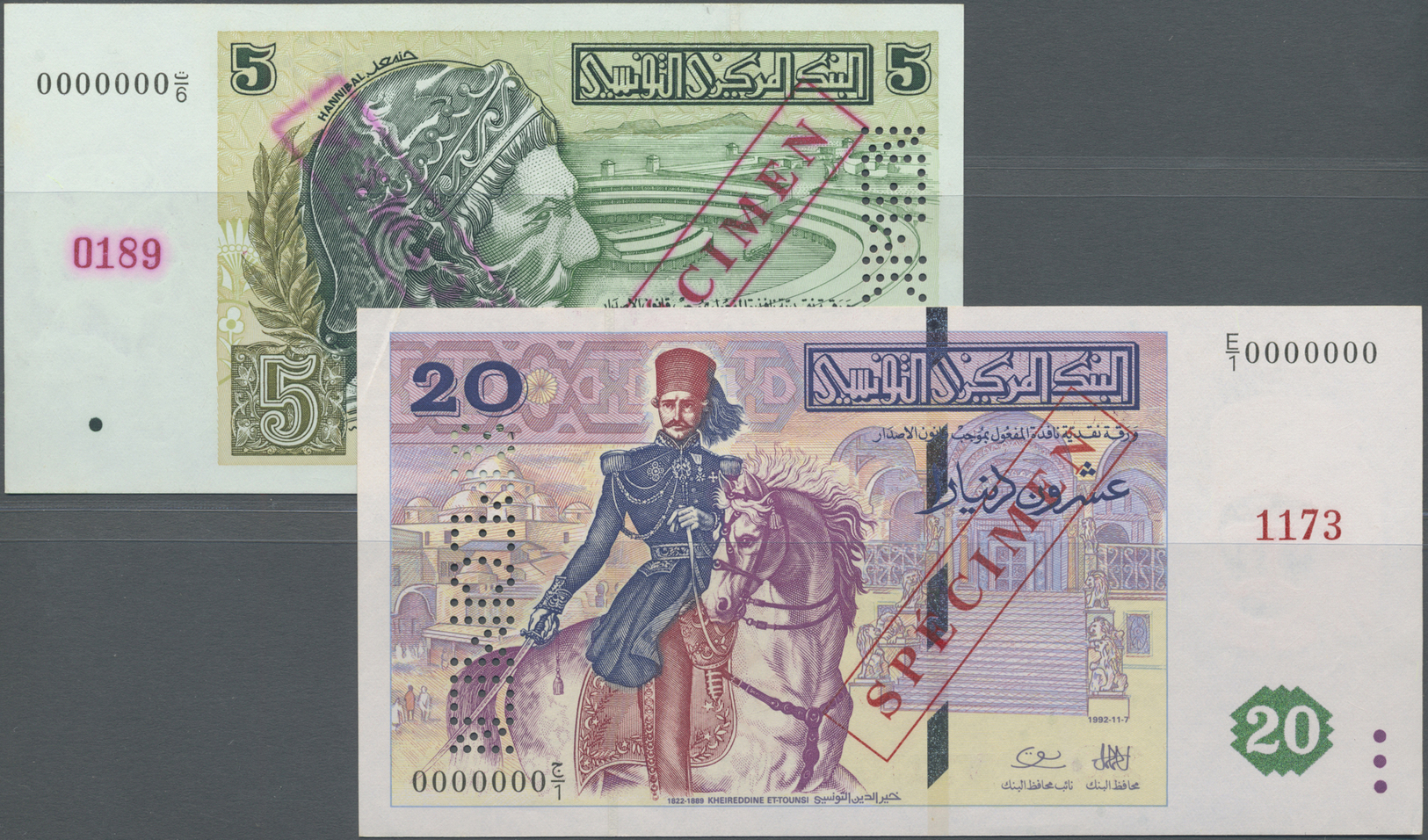 03118 Tunisia / Tunisien: Set Of 2 Specimen Notes 5 And 20 Dinars 1993 P. 86s, 88s, First In UNC, The Second In VF+ Cond - Tunisie