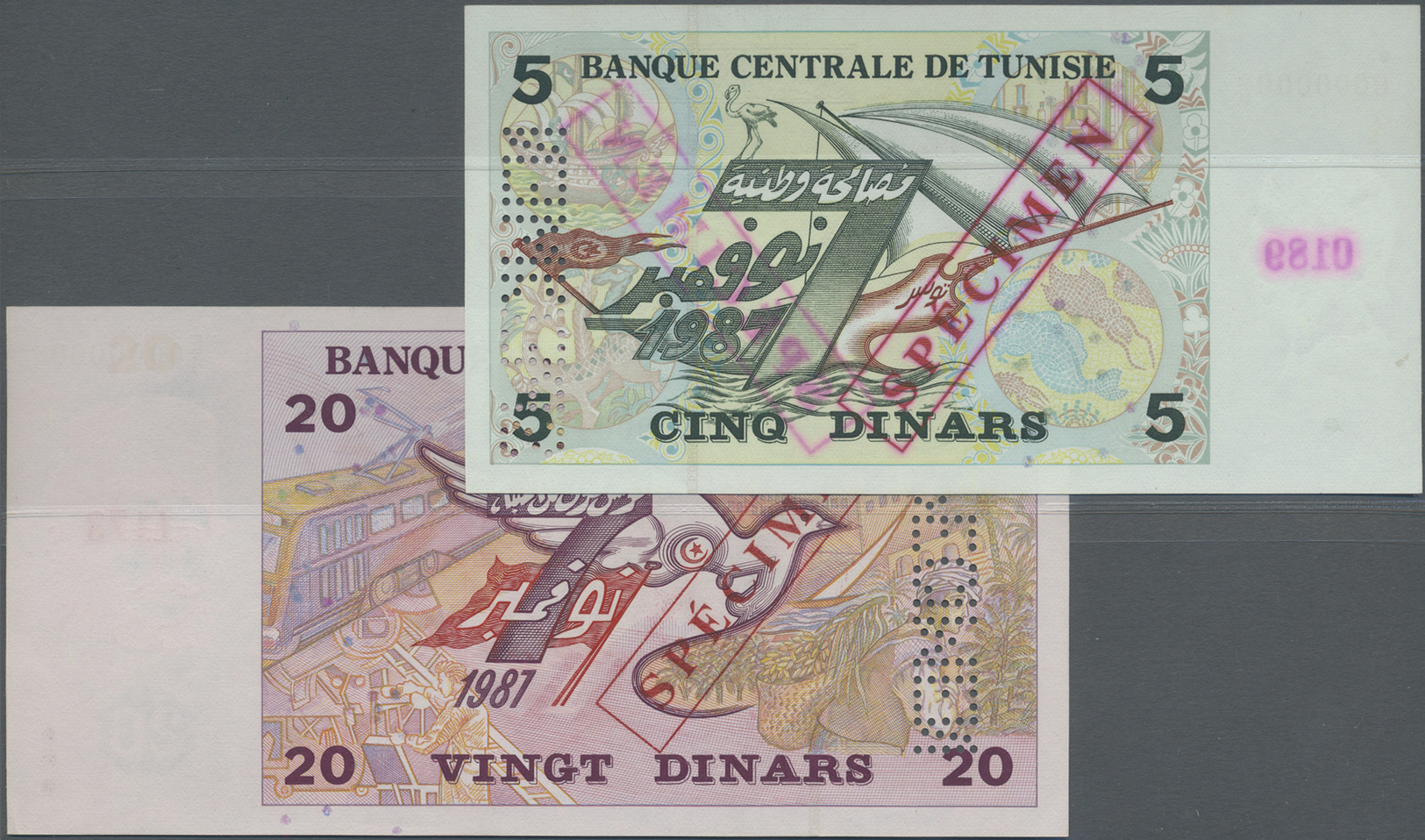 03118 Tunisia / Tunisien: Set Of 2 Specimen Notes 5 And 20 Dinars 1993 P. 86s, 88s, First In UNC, The Second In VF+ Cond - Tunisie