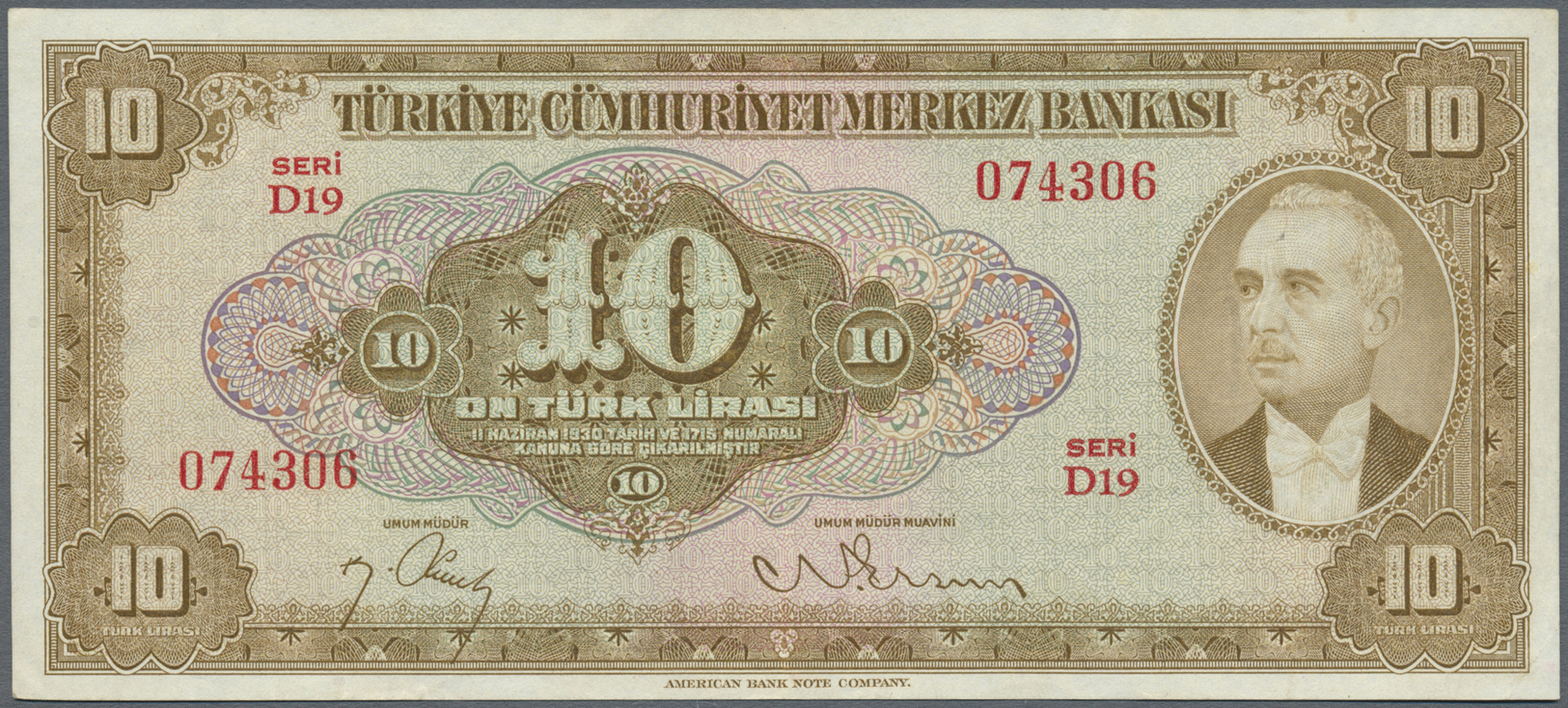 03124 Turkey / Türkei: 10 Lira ND(1948) P. 148a, Light Vertical Folds And Handling In Paper, No Holes Or Tears, Original - Turquie