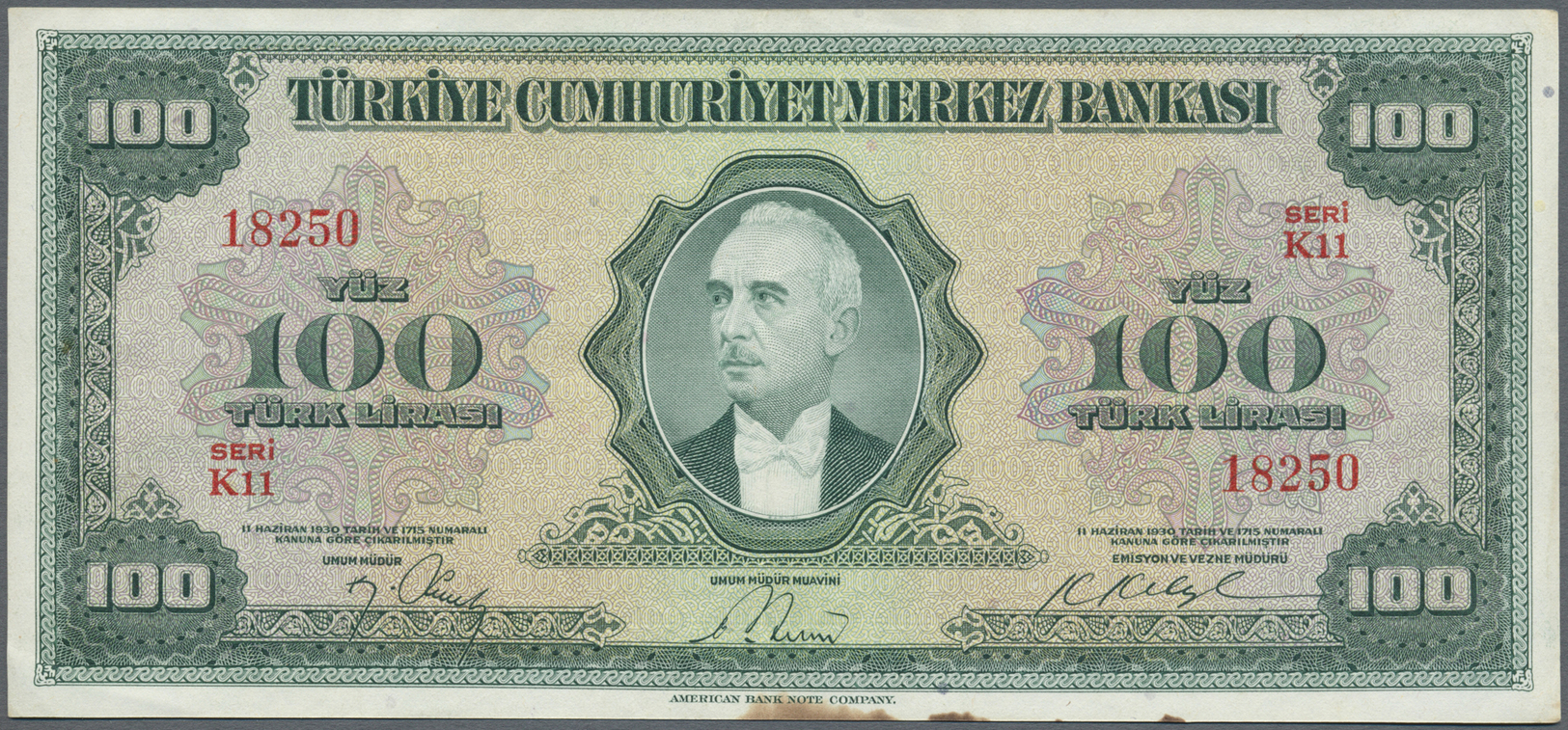 03125 Turkey / Türkei: 100 Lira ND(1947) P. 149, Center Fold, Light Handling In Paper And A Stain At Lower Border Center - Turquie