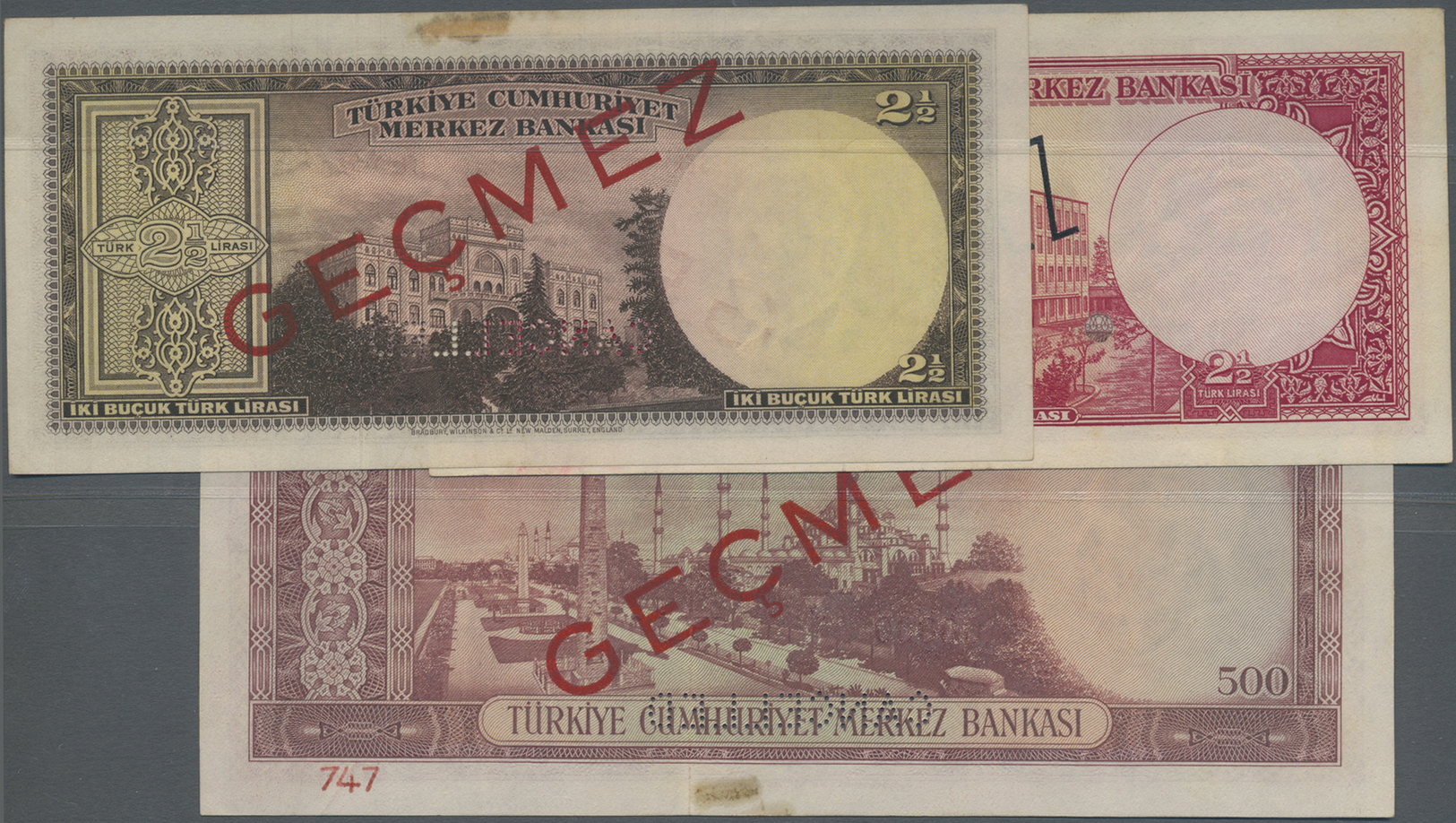 03126 Turkey / Türkei: Set Of 3 Specimen Notes Containing 2x 2 1/2 Lira L.1930P. 152as, 140 As, (both AUNC) And 500 Lira - Turquie