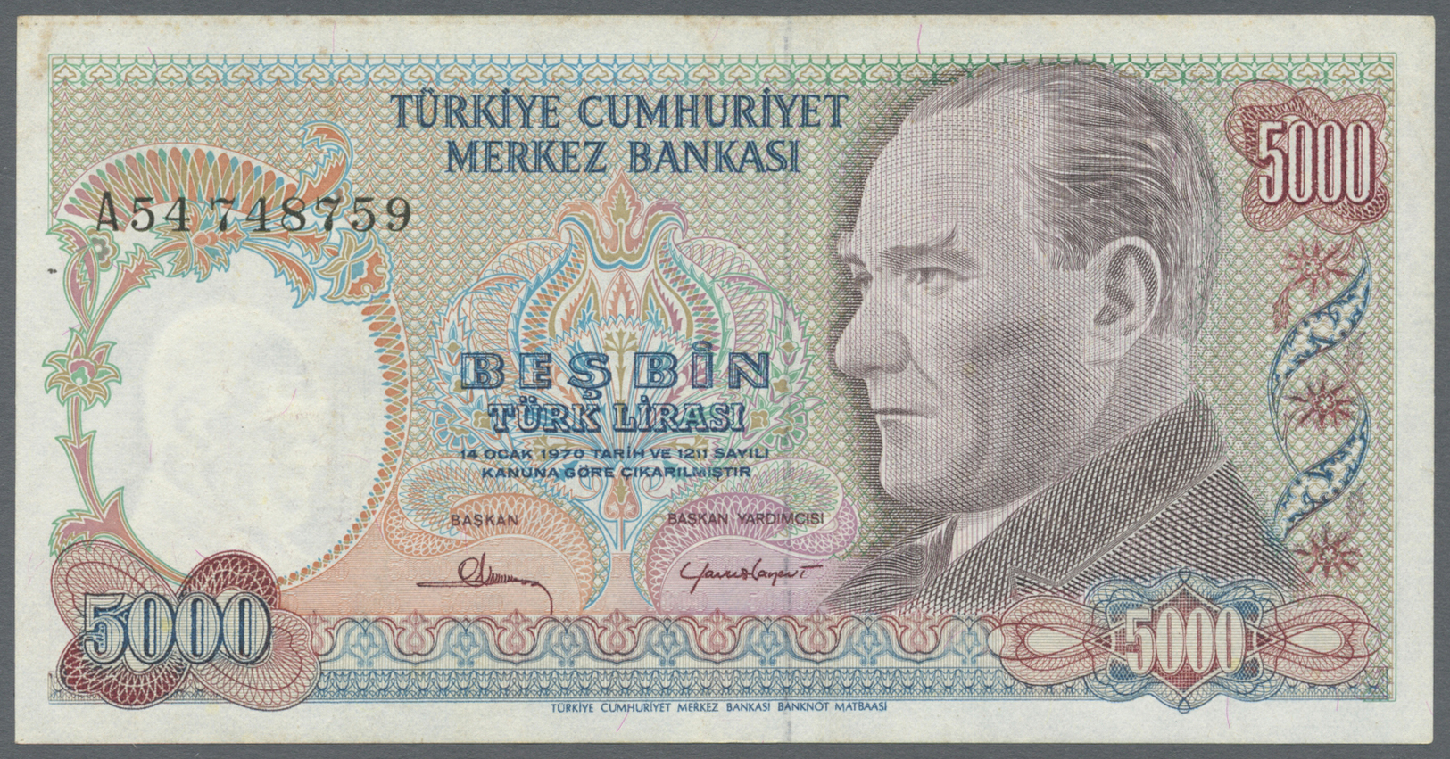 03128 Turkey / Türkei: 5000 Lira L.1970 P. 196A, One Of The Key Notes Of Modern Banknotes Of Turkey, This Example With L - Turquie