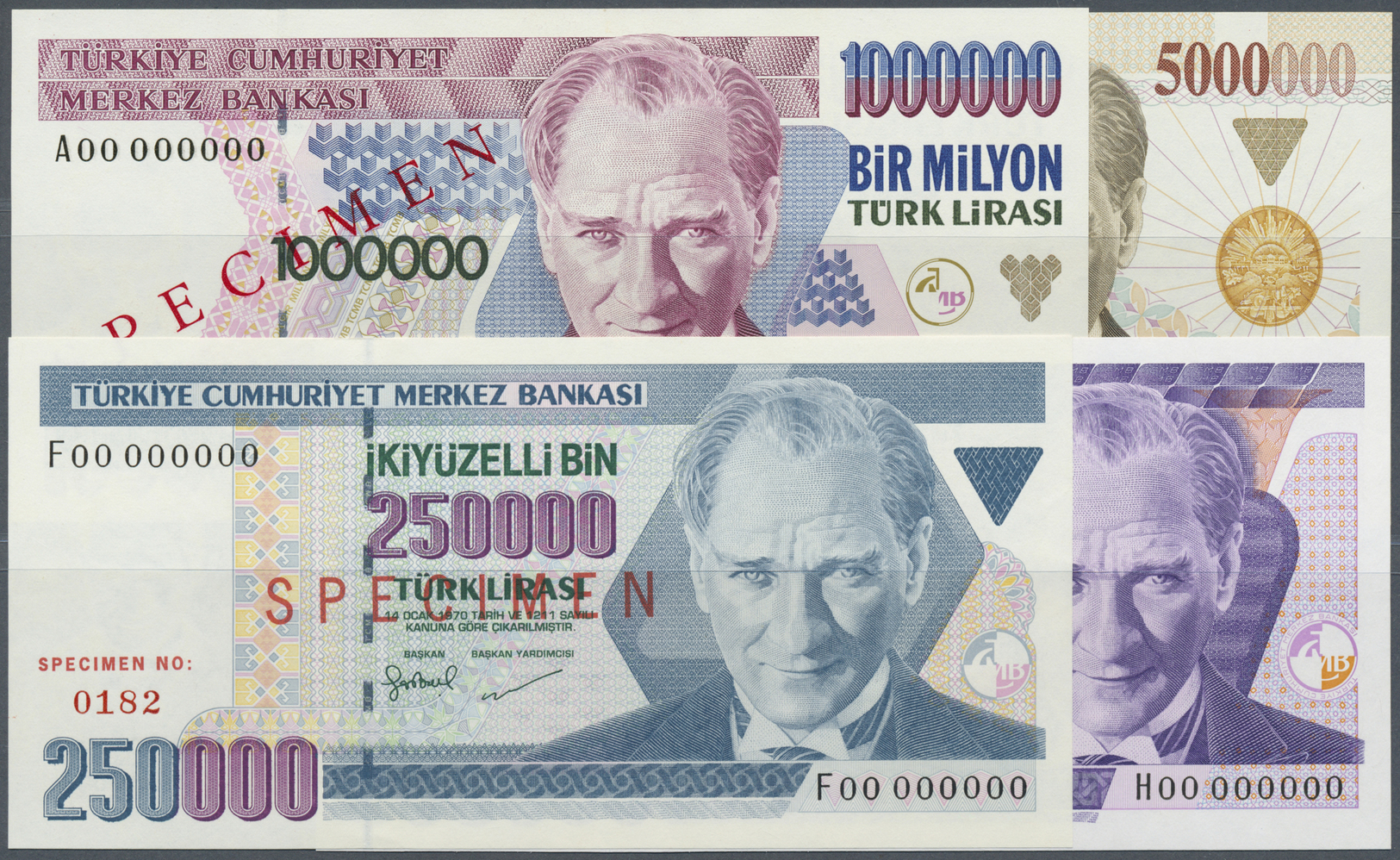 03130 Turkey / Türkei: Set Of 4 Specimen Banknotes Containing 250.000, 500.000, 1.000.000 And 5.000.000 Lira ND(1984-200 - Turquie