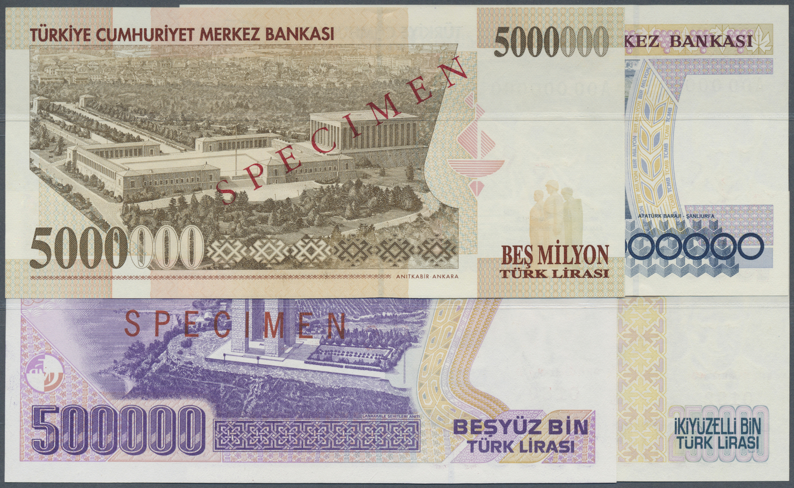 03130 Turkey / Türkei: Set Of 4 Specimen Banknotes Containing 250.000, 500.000, 1.000.000 And 5.000.000 Lira ND(1984-200 - Turquie