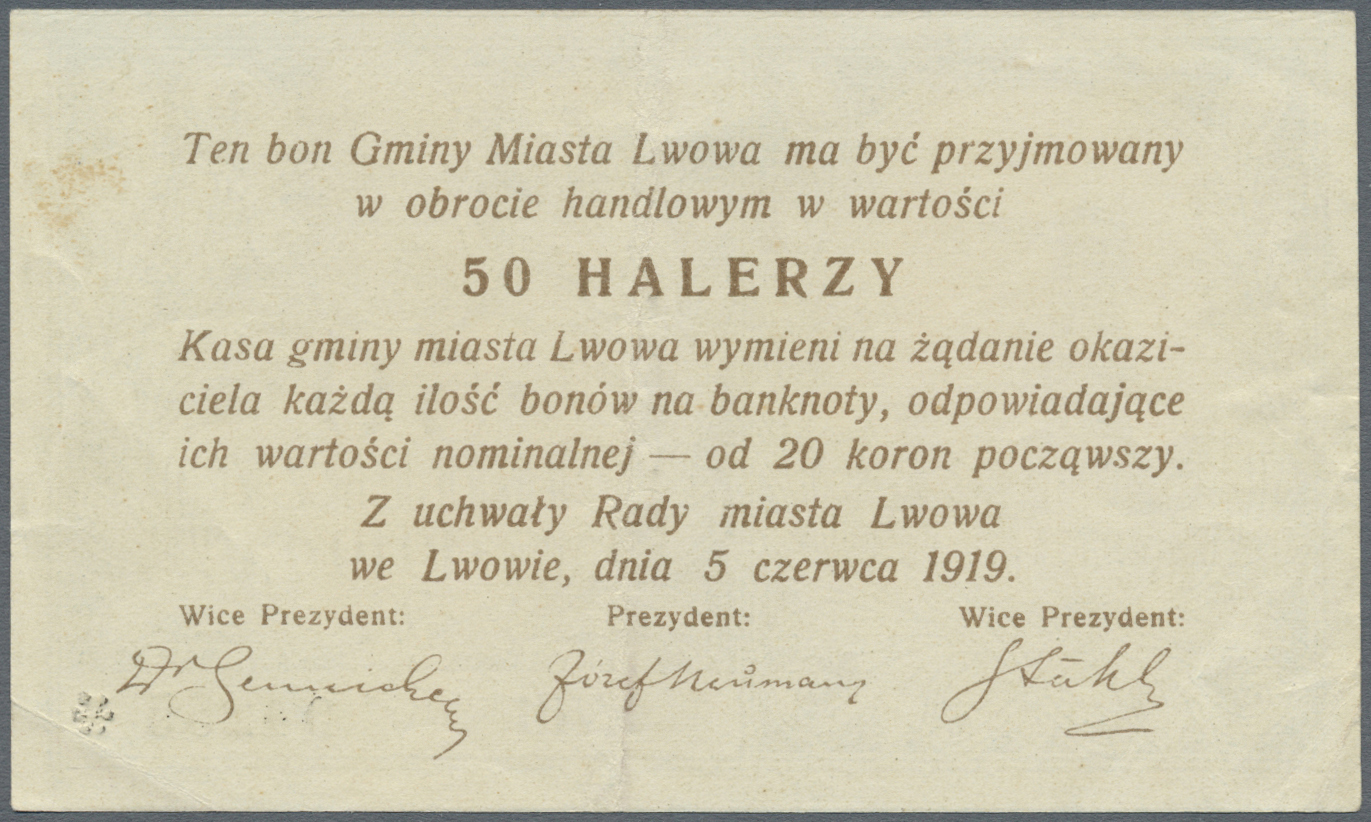 03385 Ukraina / Ukraine: Gmina  Miasta  Lwowa, 50 Halerzy 1919 K.14.2.NL, Used With Center Fold And Handling In Paper, N - Ukraine