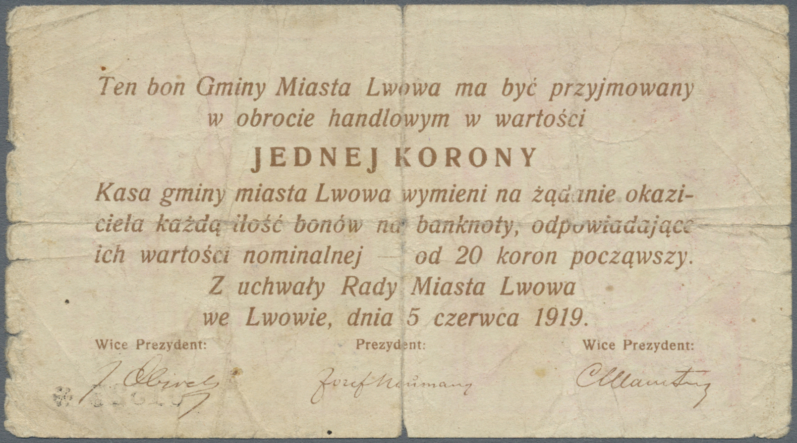 03386 Ukraina / Ukraine: Gmina  Miasta  Lwowa, 1 Korona 1919 K.14.2.NL, Used With Strong Center And Horizontal Fold Caus - Ukraine