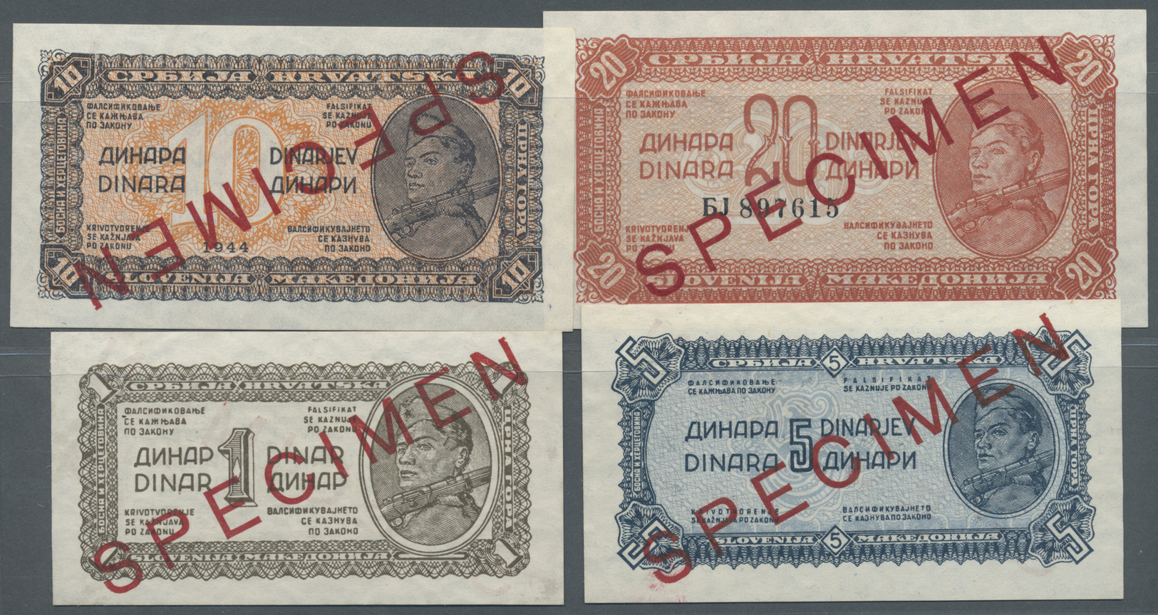 03513 Yugoslavia / Jugoslavien: Set Of 4 Specimen Banknotes Including 1, 5, 10 And 20 Dinara 1944 Specimen P. 48s-51s, A - Yougoslavie