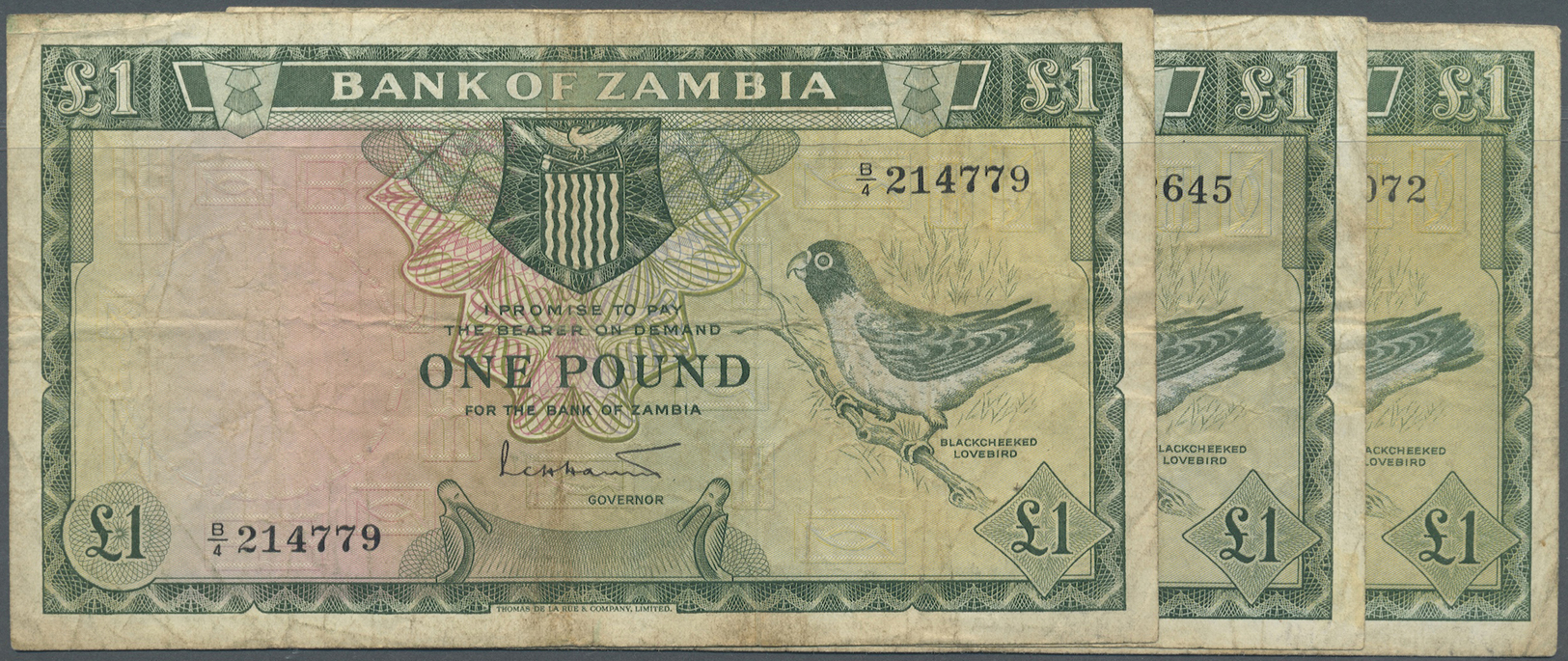 03523 Zambia / Sambia: Set Of 3 Banknotes 1 Pound ND(1964) P. 2a, All 3 Notes In Nearly The Same Condition With Folds An - Zambie