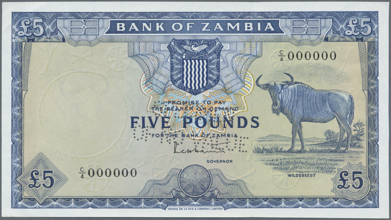 03524 Zambia / Sambia: Bank Of Zambia 5 Pounds ND(1964) SPECIMEN, P.3s With Perforation "Specimen Of No Value" At Center - Zambie