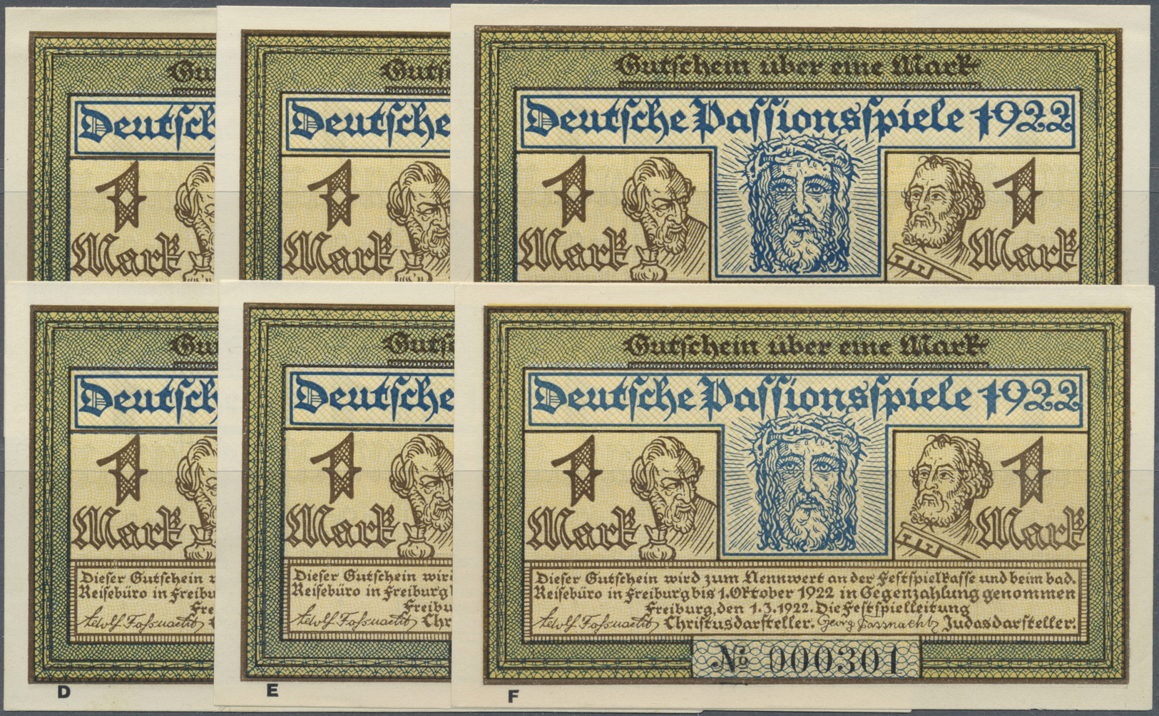 04115 Deutschland - Notgeld - Baden: Freiburg, Deutsche Passionsspiele, 6 X 1 Mark, 1.3.1922 - 1.10.1922, Erh. I-, Total - [11] Emissions Locales