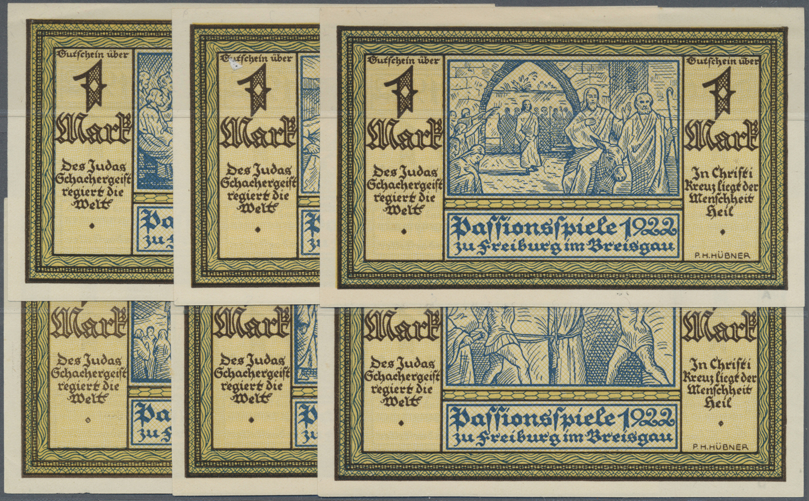 04115 Deutschland - Notgeld - Baden: Freiburg, Deutsche Passionsspiele, 6 X 1 Mark, 1.3.1922 - 1.10.1922, Erh. I-, Total - [11] Emissions Locales