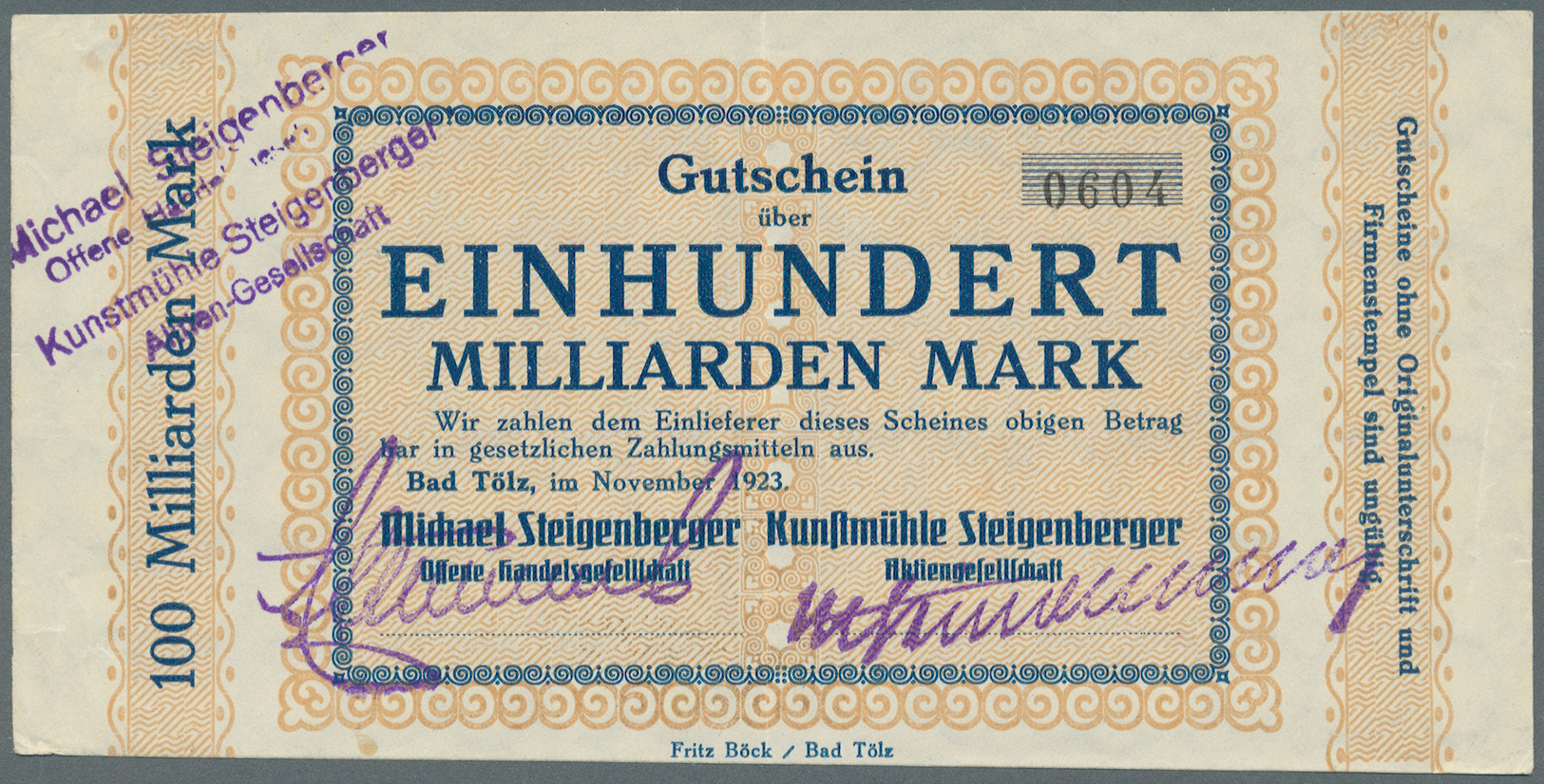 04116 Deutschland - Notgeld - Bayern: Bad Tölz, Michael Steigenberger OHG, 100 Mrd., 500 Mrd. Mark, November 1923, Erh. - [11] Emissions Locales