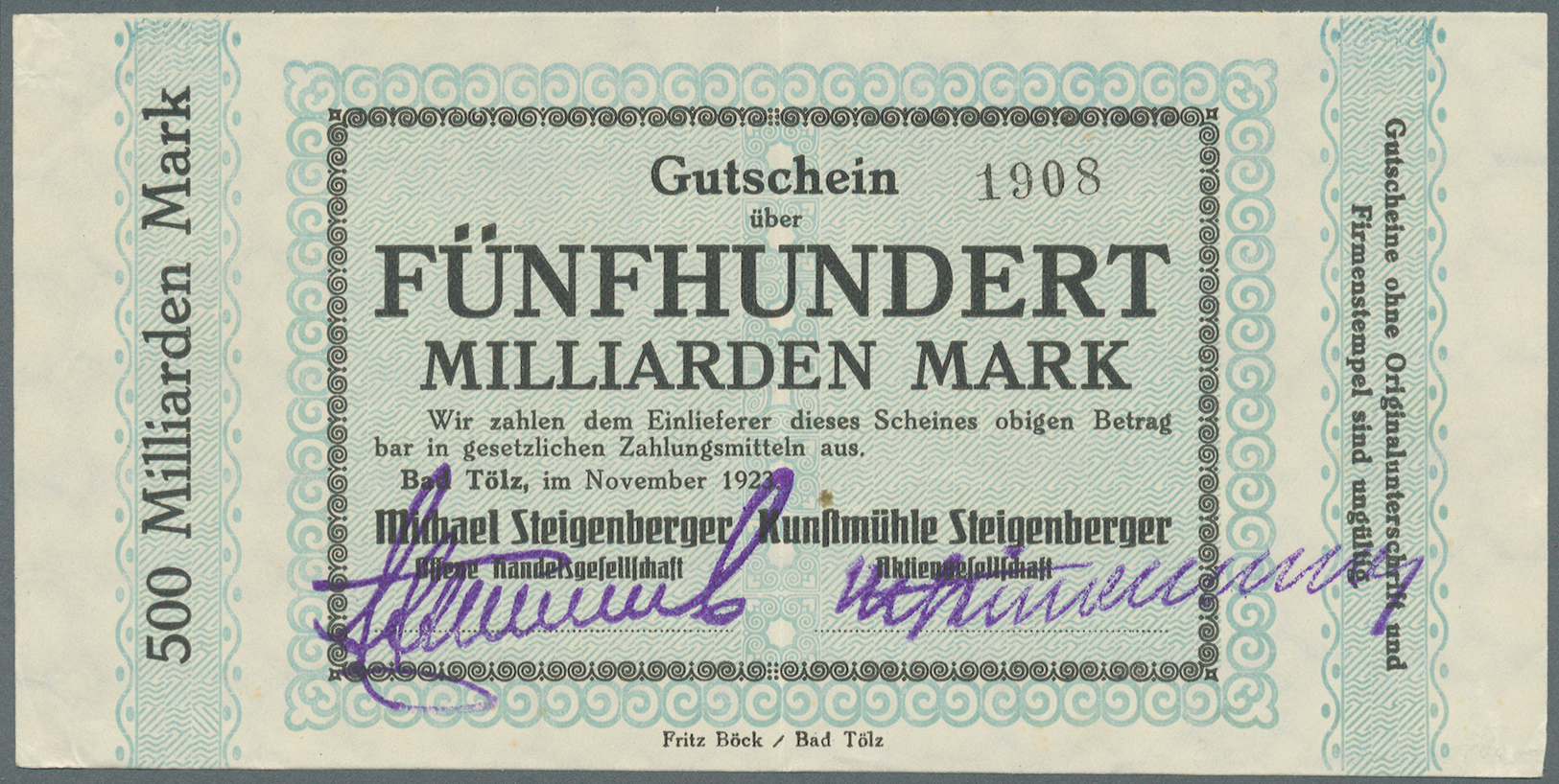 04116 Deutschland - Notgeld - Bayern: Bad Tölz, Michael Steigenberger OHG, 100 Mrd., 500 Mrd. Mark, November 1923, Erh. - [11] Emissions Locales