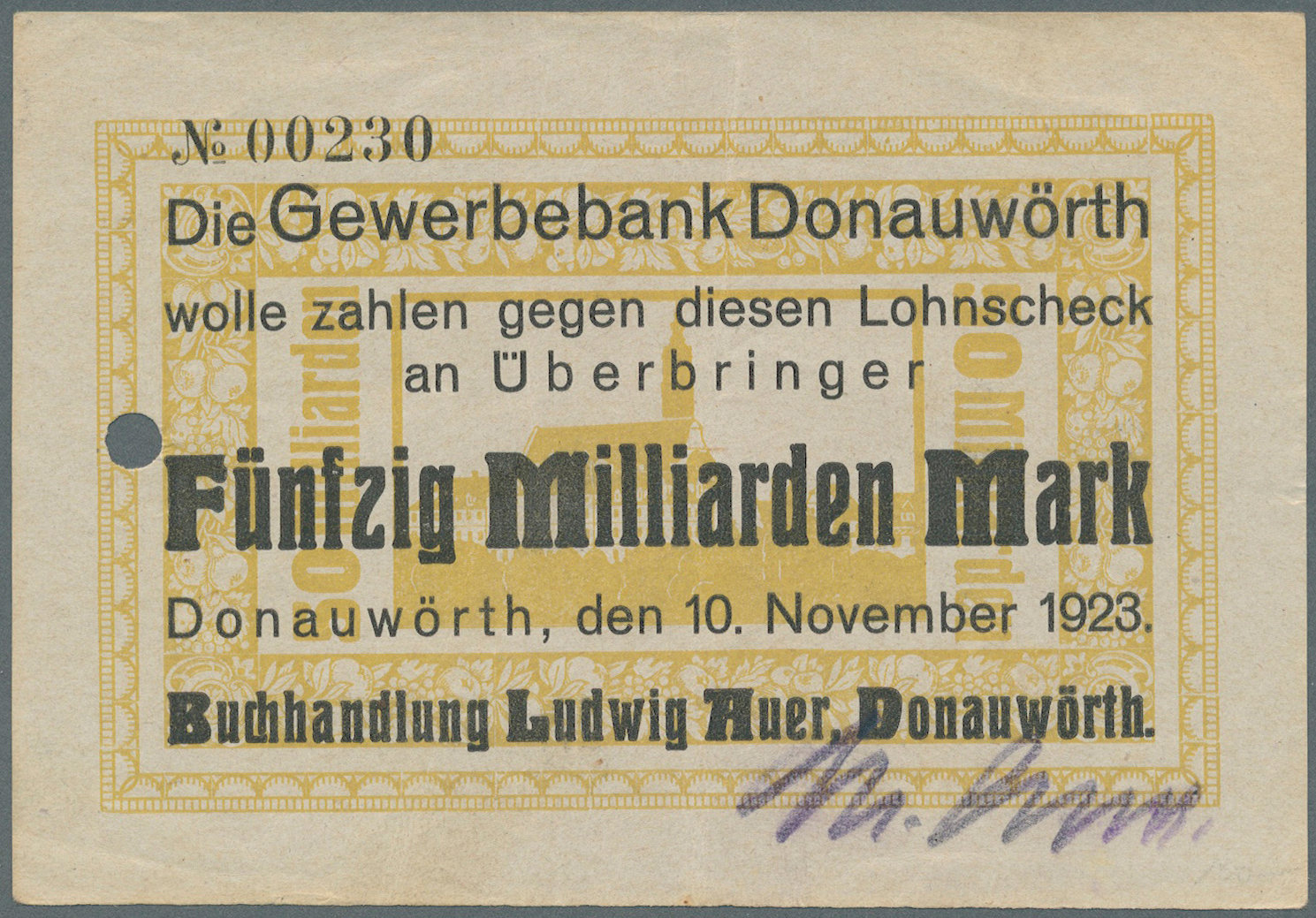 04117 Deutschland - Notgeld - Bayern: Donauwörth, Buchhandlung Ludwig Auer, 50 Mrd. Mark, 10.11.1923; 100, 500 Mrd. Mark - [11] Emissions Locales