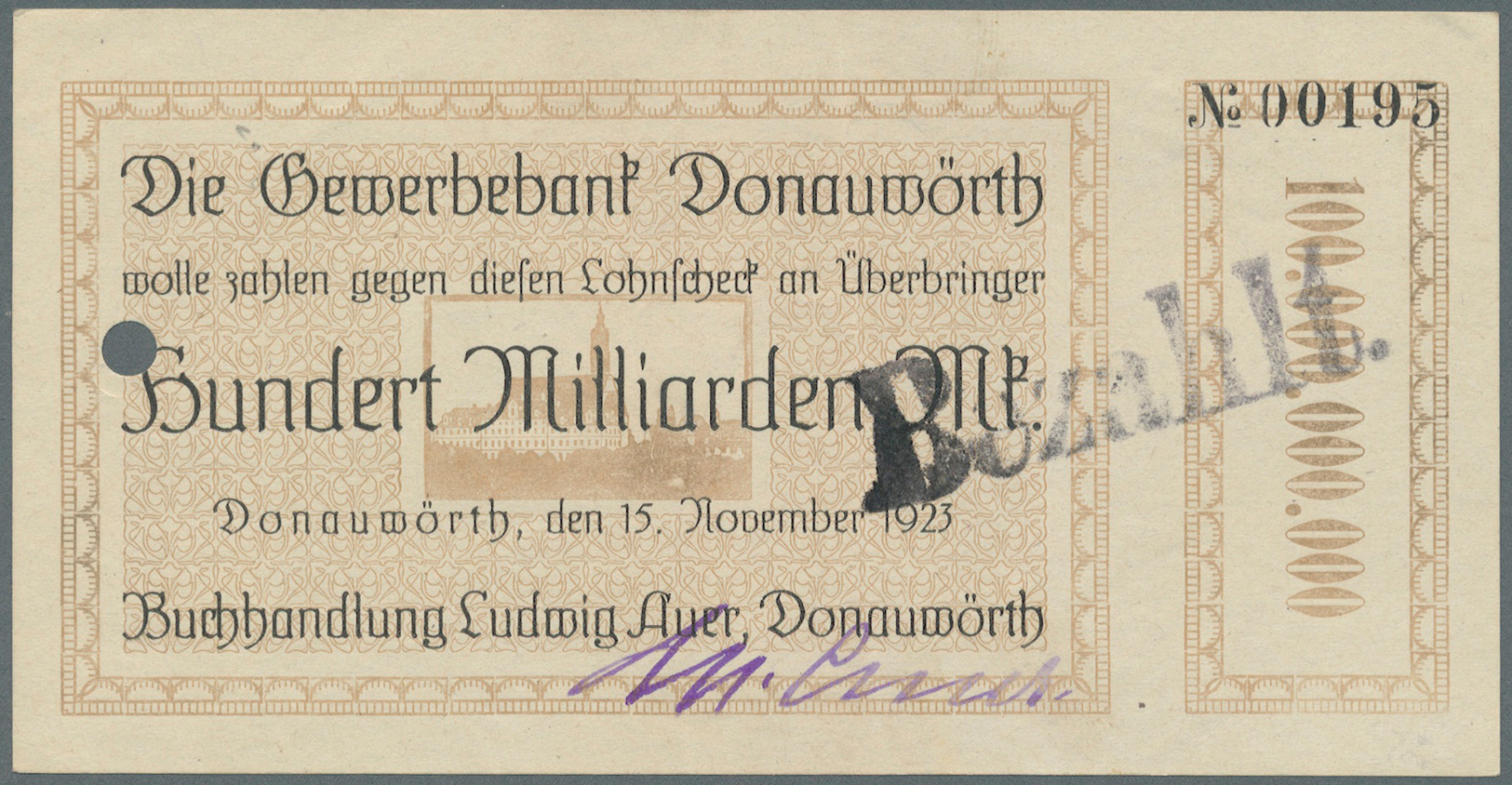 04117 Deutschland - Notgeld - Bayern: Donauwörth, Buchhandlung Ludwig Auer, 50 Mrd. Mark, 10.11.1923; 100, 500 Mrd. Mark - [11] Emissions Locales