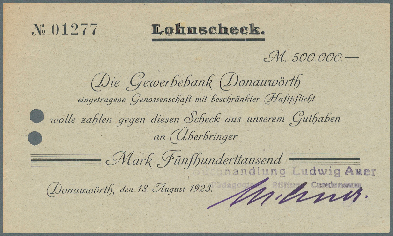 04118 Deutschland - Notgeld - Bayern: Donauwörth, Buchhandlung Ludwig Auer, 500 Tsd. Mark, 18.8.1923; 2 Mio. Mark, 10.9. - [11] Emissions Locales