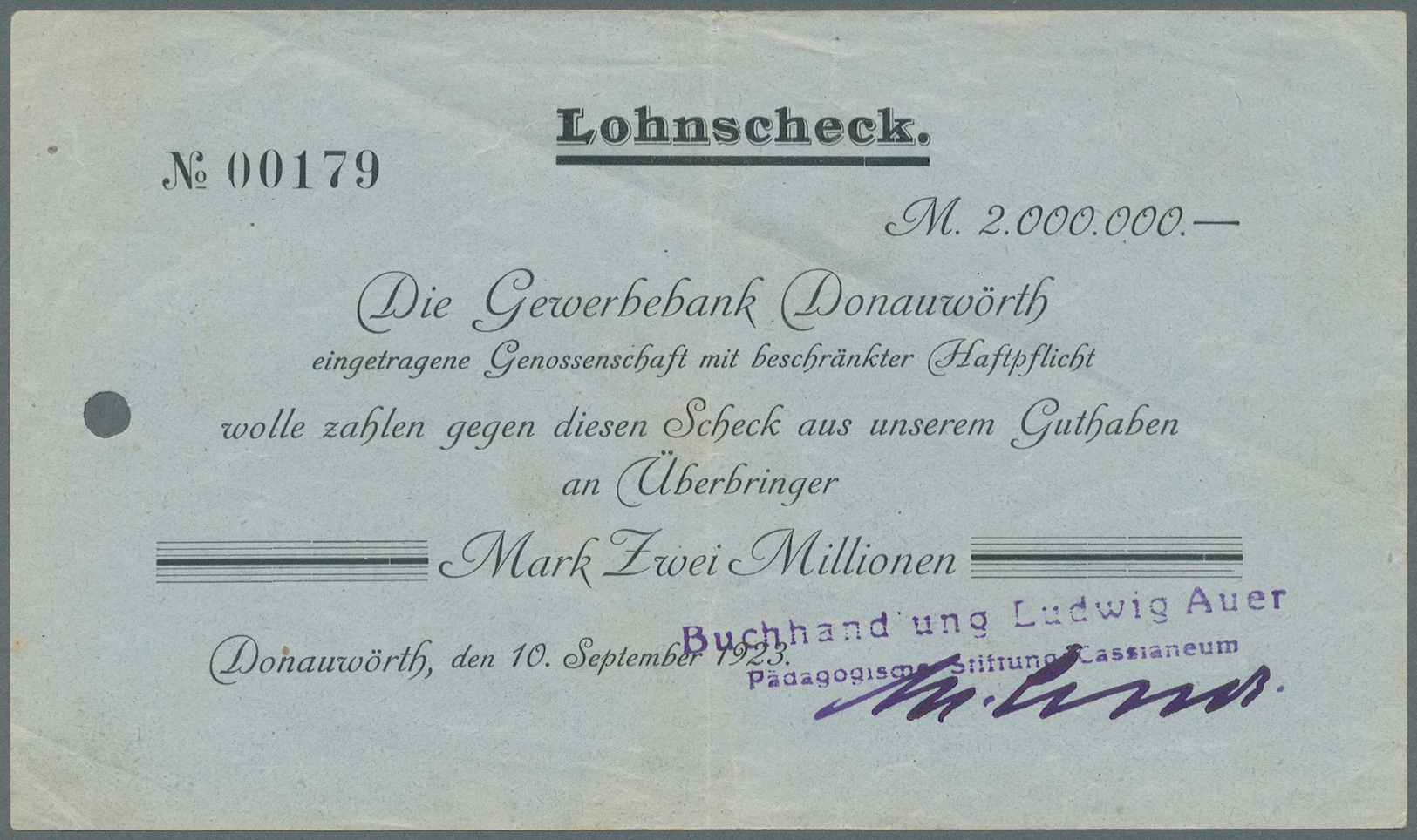 04118 Deutschland - Notgeld - Bayern: Donauwörth, Buchhandlung Ludwig Auer, 500 Tsd. Mark, 18.8.1923; 2 Mio. Mark, 10.9. - [11] Emissions Locales