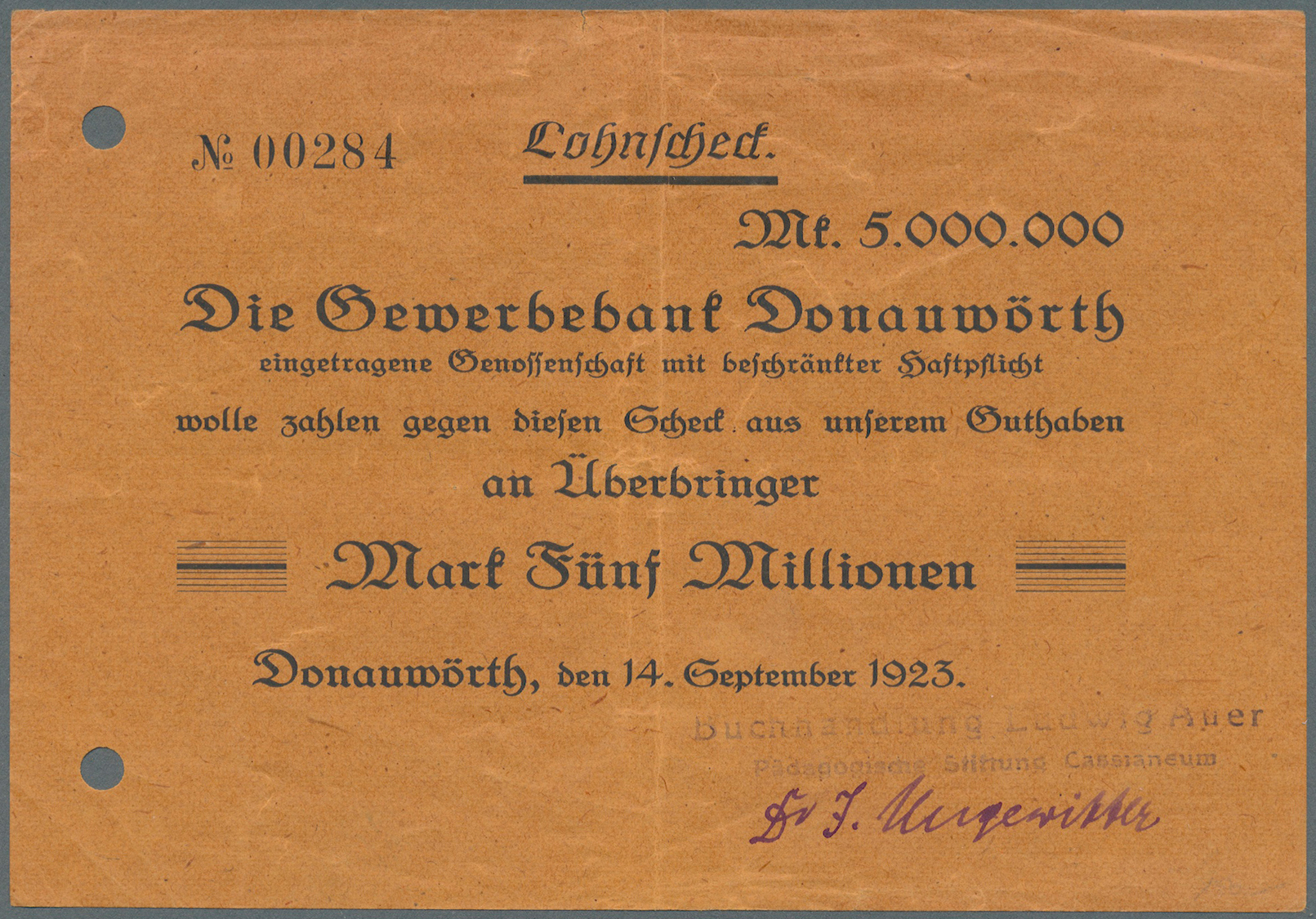 04118 Deutschland - Notgeld - Bayern: Donauwörth, Buchhandlung Ludwig Auer, 500 Tsd. Mark, 18.8.1923; 2 Mio. Mark, 10.9. - [11] Emissions Locales