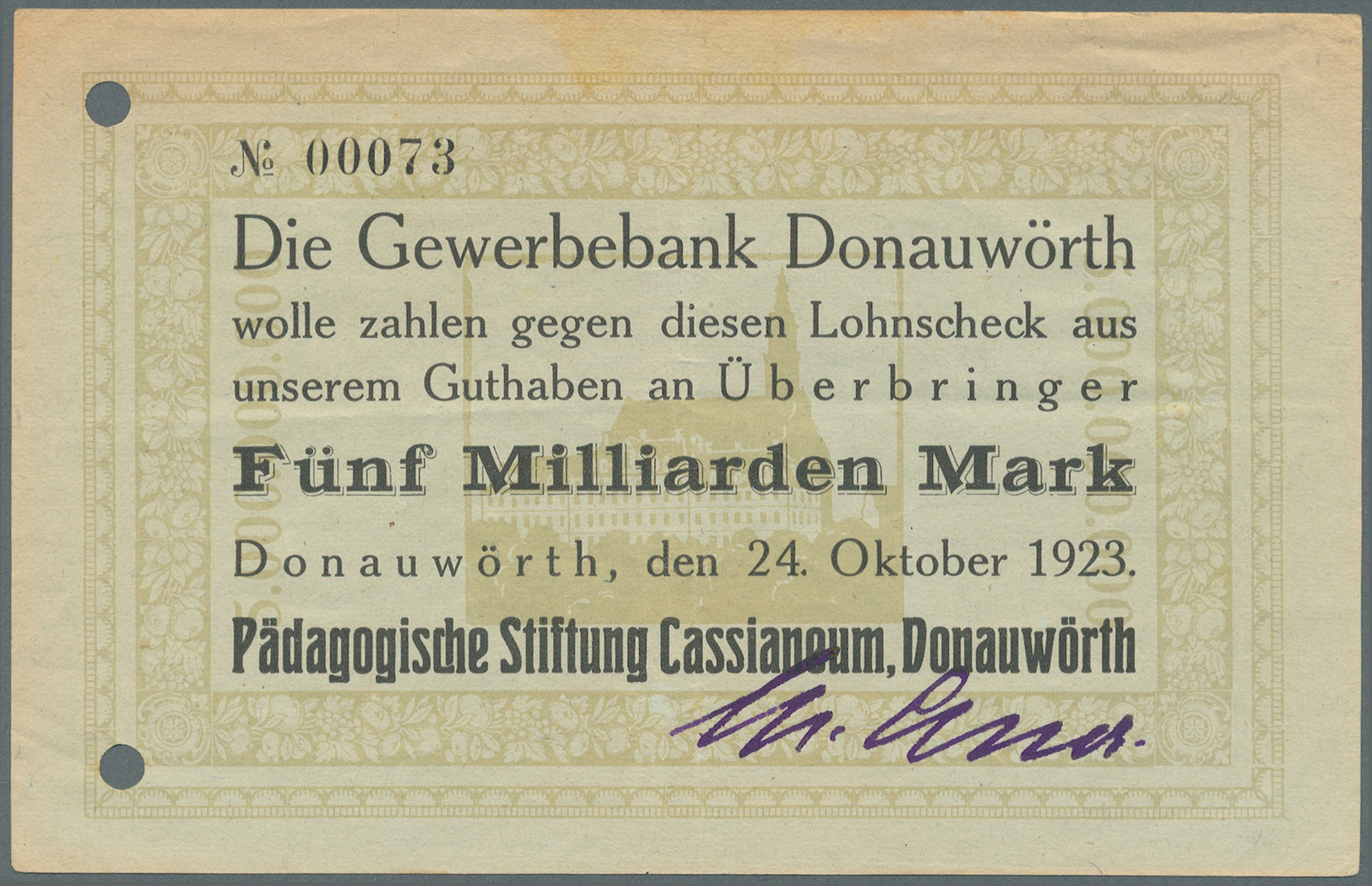 04119 Deutschland - Notgeld - Bayern: Donauwörth, Pädagogische Stiftung Cassianeum, 100 Mio. Mark, 10.10.1923, Erh. IV; - [11] Emissions Locales