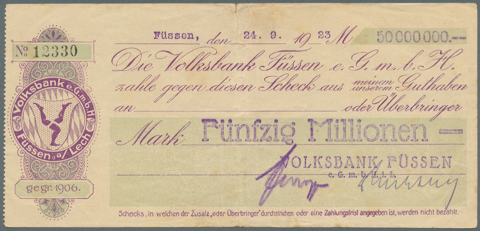 04120 Deutschland - Notgeld - Bayern: Füssen, Volksbank, 50 Mio. Mark, 24.9.1923; 100 Mio. Mark, 6.10.1923; 1 Mrd. Mark, - [11] Emissions Locales