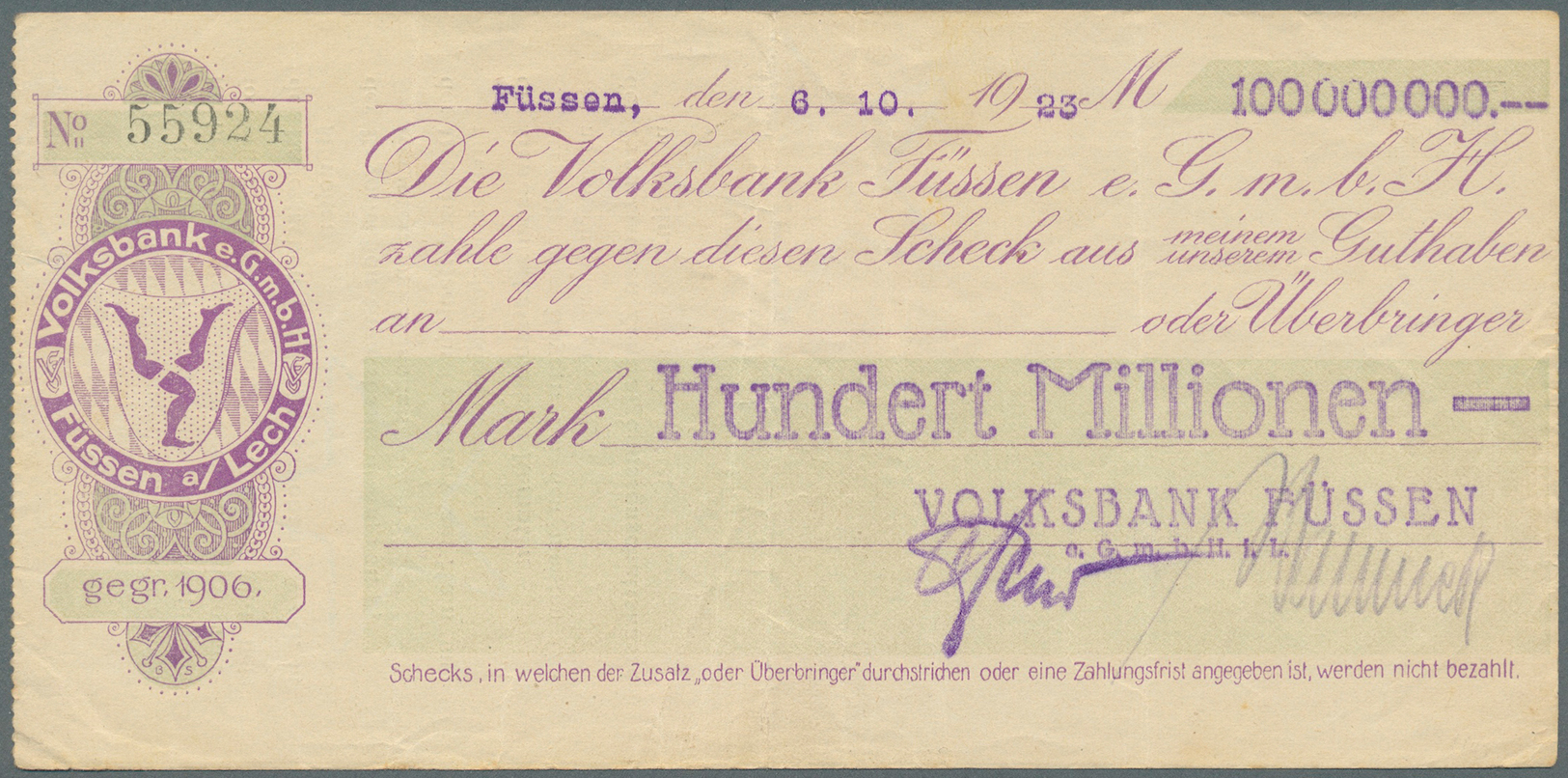 04120 Deutschland - Notgeld - Bayern: Füssen, Volksbank, 50 Mio. Mark, 24.9.1923; 100 Mio. Mark, 6.10.1923; 1 Mrd. Mark, - [11] Emissions Locales