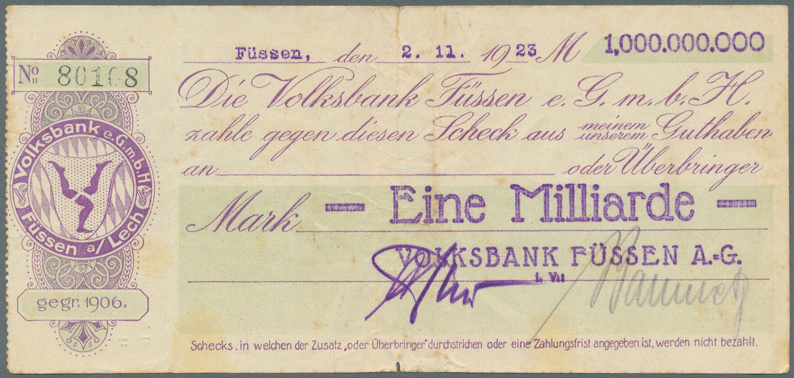 04120 Deutschland - Notgeld - Bayern: Füssen, Volksbank, 50 Mio. Mark, 24.9.1923; 100 Mio. Mark, 6.10.1923; 1 Mrd. Mark, - [11] Emissions Locales