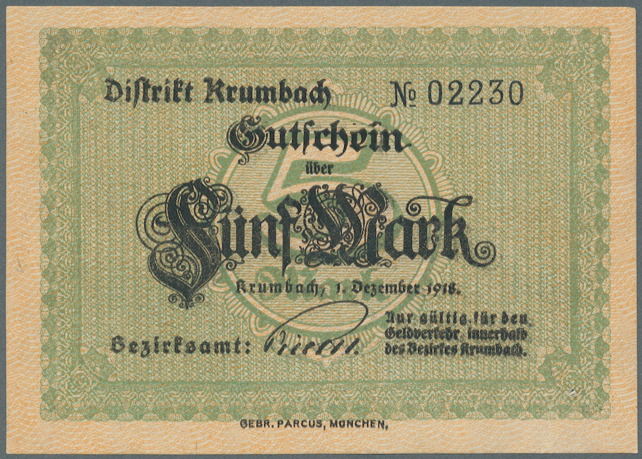 04122 Deutschland - Notgeld - Bayern: Krumbach, Distrikt, 5 Mark, 20 Mark, 1.12.1918, Erh. I-, 2 Scheine - [11] Emissions Locales