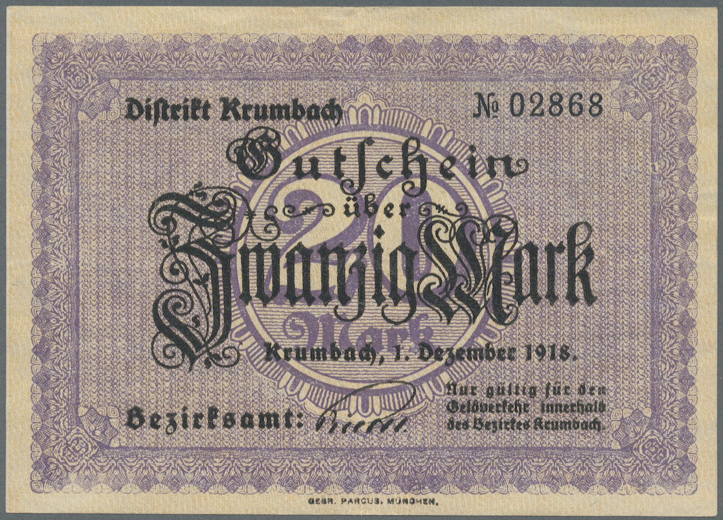 04122 Deutschland - Notgeld - Bayern: Krumbach, Distrikt, 5 Mark, 20 Mark, 1.12.1918, Erh. I-, 2 Scheine - [11] Emissions Locales